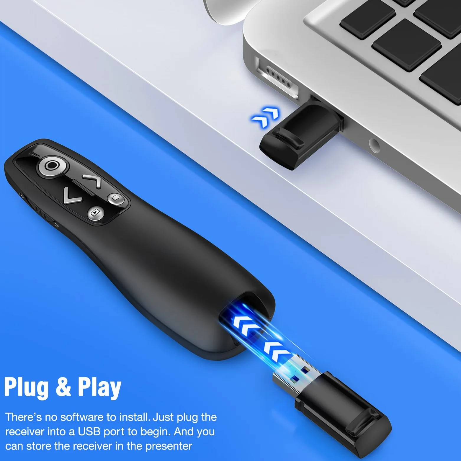 ELISWEEN Presentation Clicker - Telecomando wireless per PowerPoint, RF 2,4 GHz, USB, PowerPoint, con collegamento ipertestuale e controllo volume, avanzatore di diapositive PowerPoint, per Mac
