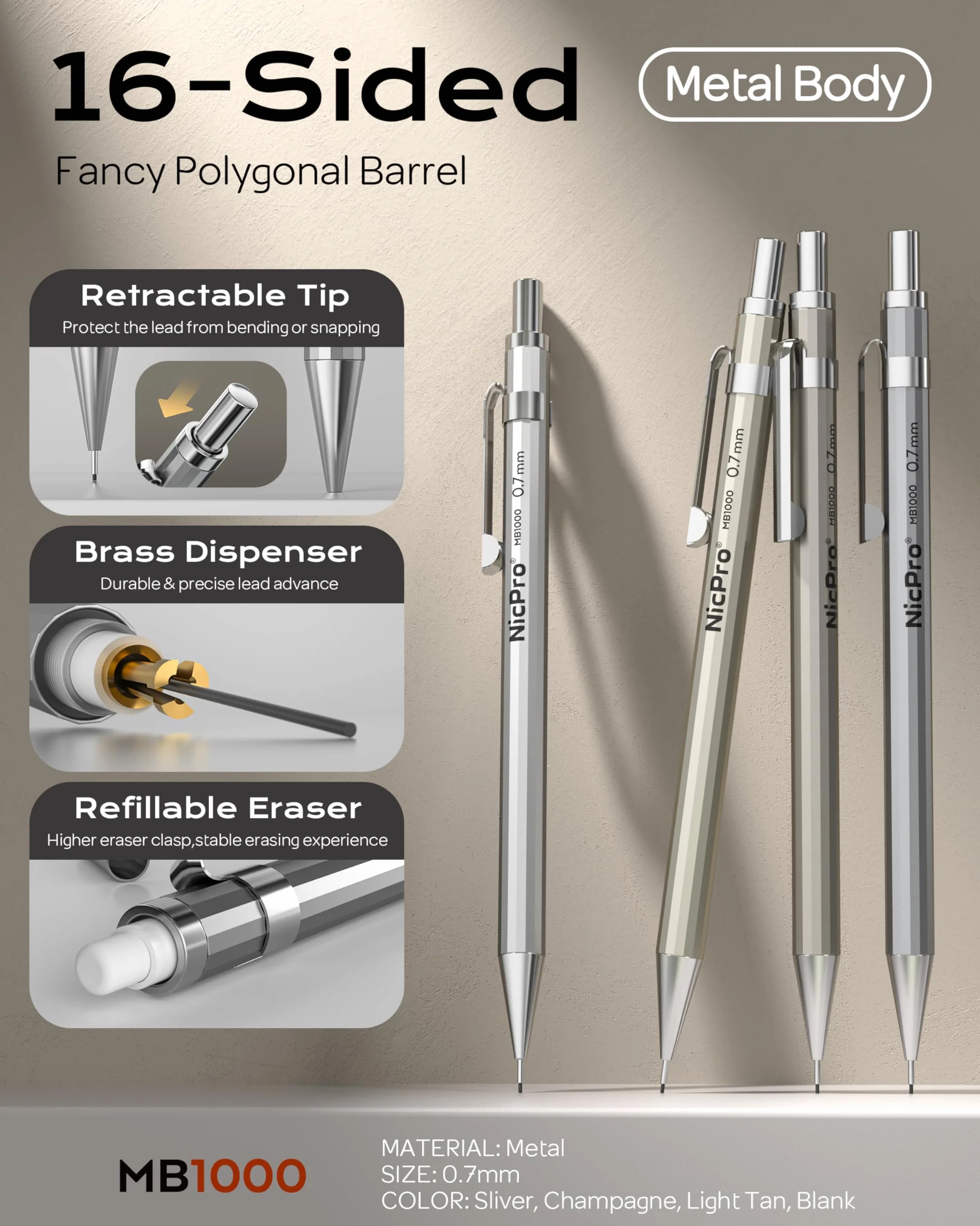 Nicpro 4 Pezzi Matite Meccaniche in Metallo 0,7 mm con 8 Ricariche HB per Scrittura Schizzo Disegno