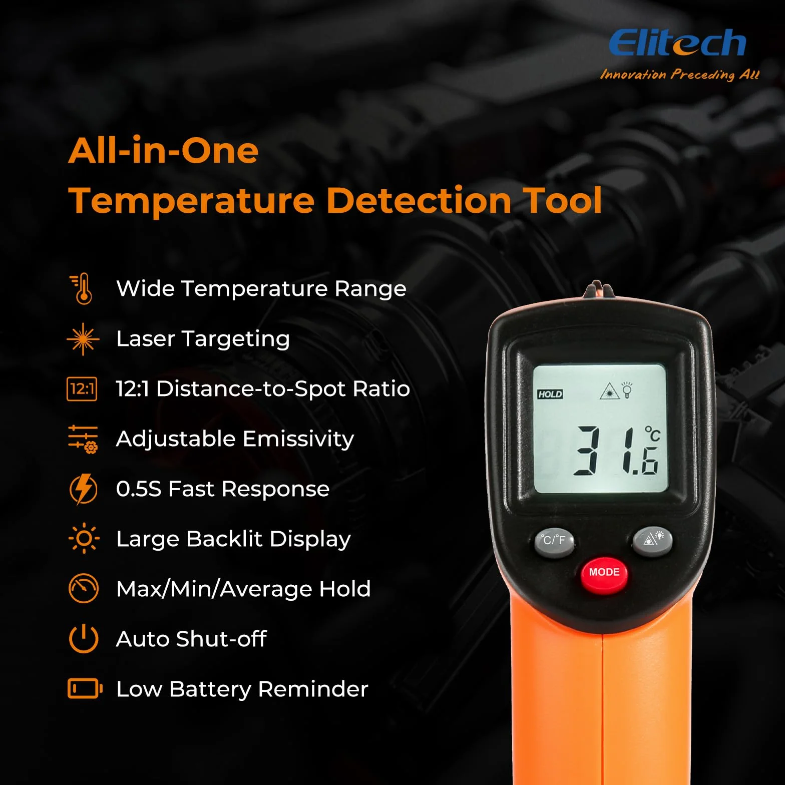 Elitech DIT-220 Termometro IR Digitale Senza Contatto -50°C a 530°C Emissività Regolabile