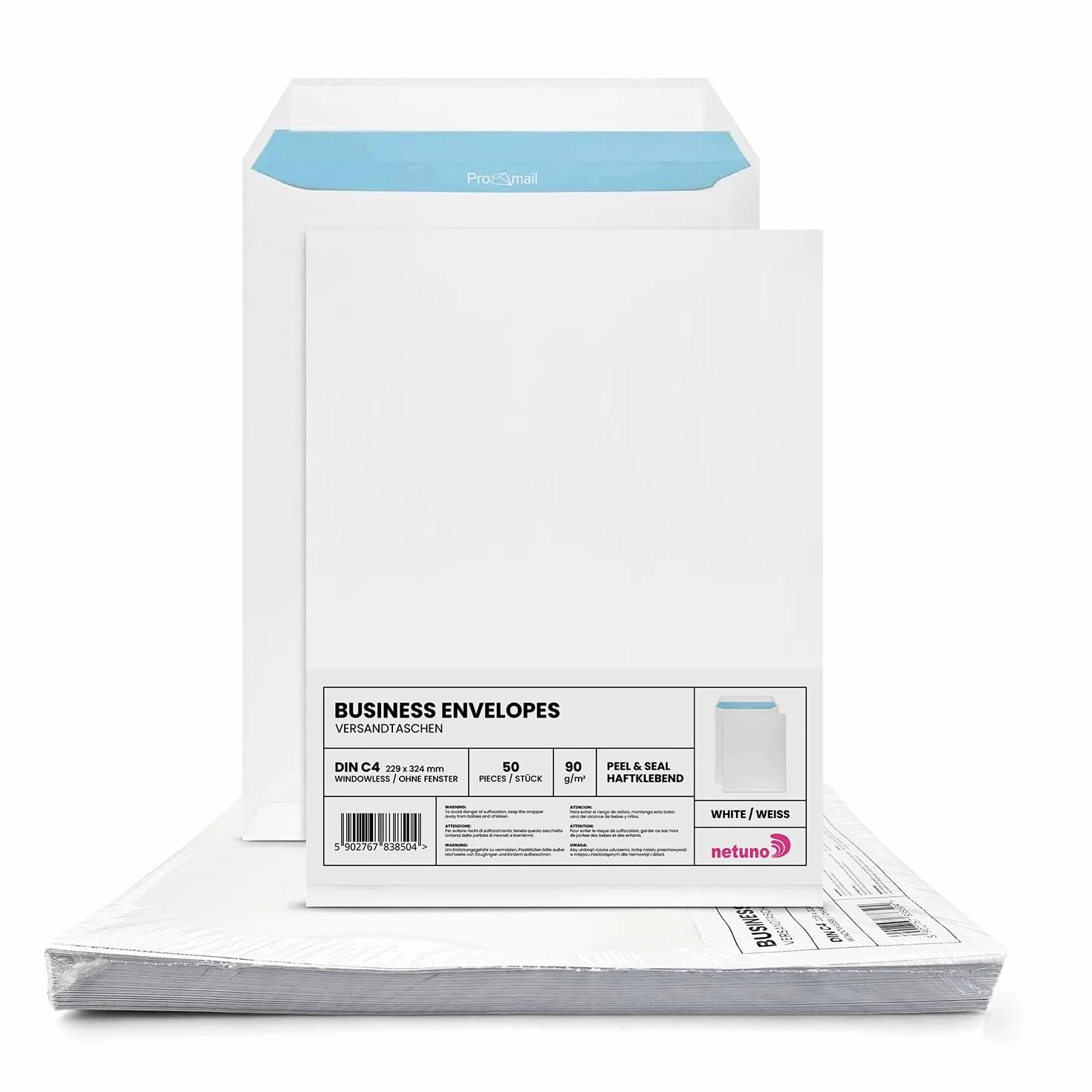 Buste a sacco Netuno 50 pezzi C4 22,9x32,4 cm 90g bianche senza finestra con strip adesivo