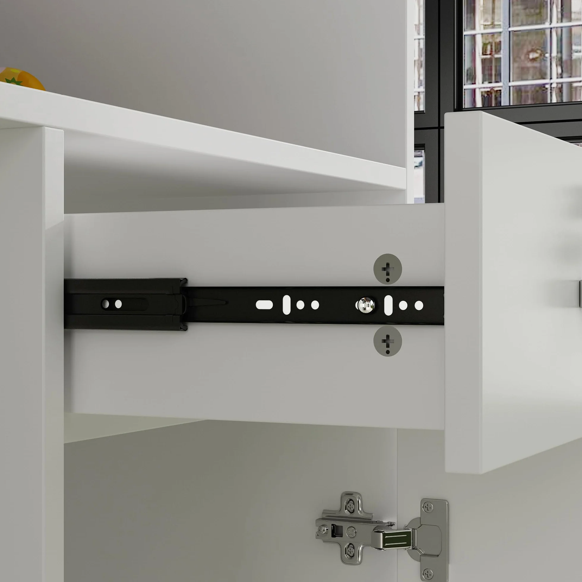 Banco di reception, banchi di reception, banchi di ricevimento, bancone con cassetti e armadi chiudibili, bancone con ripiani aperti regolabili, 140 x 60 x 110 cm, MDF