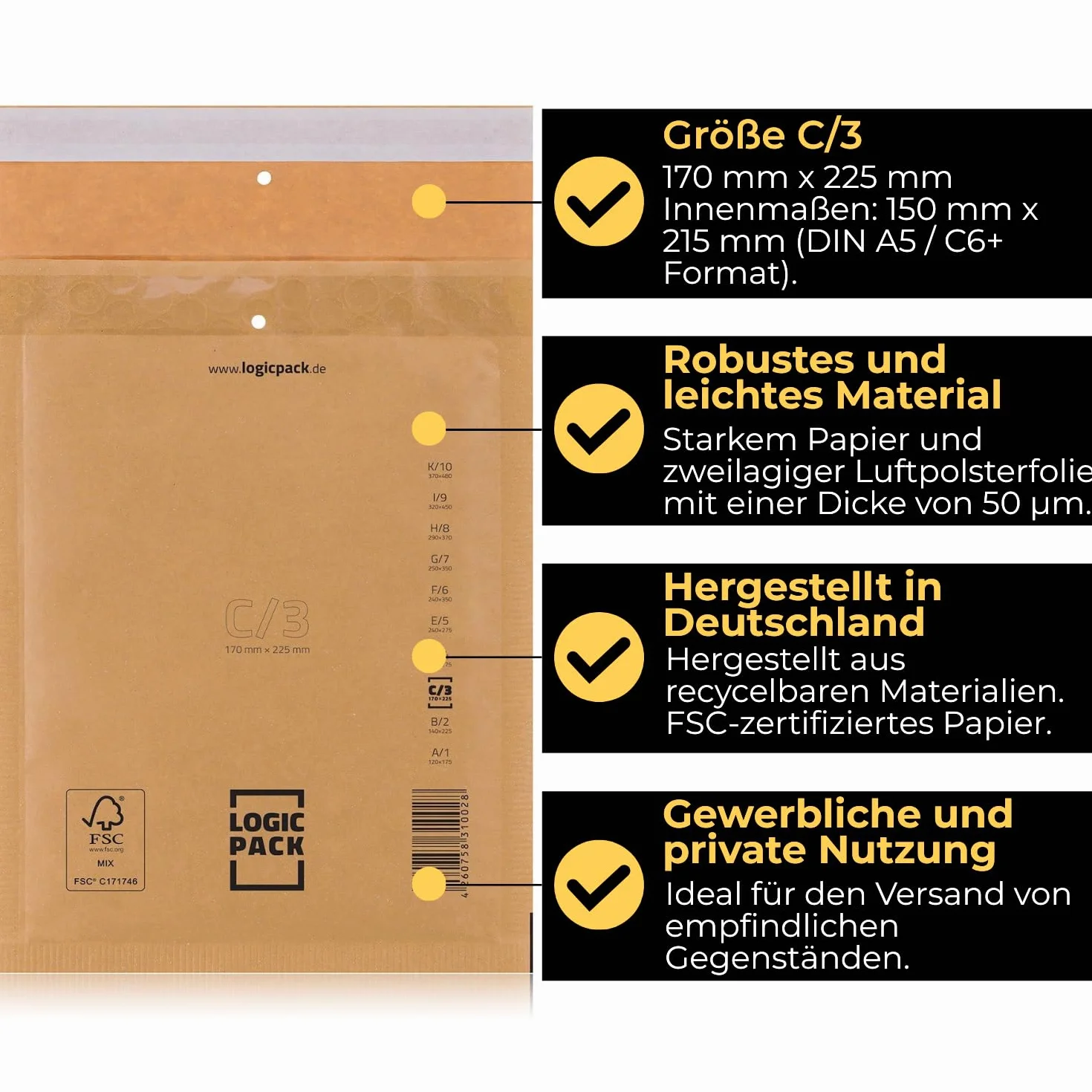 800 Buste Imbottite Marroni per Spedizioni, Buste in Carta Kraft Avana con Pluriball Rinforzato, Carta FSC Autosigillante, Ideali per Vinted, E-commerce, Libri, Formati da C3 170 x 210 mm