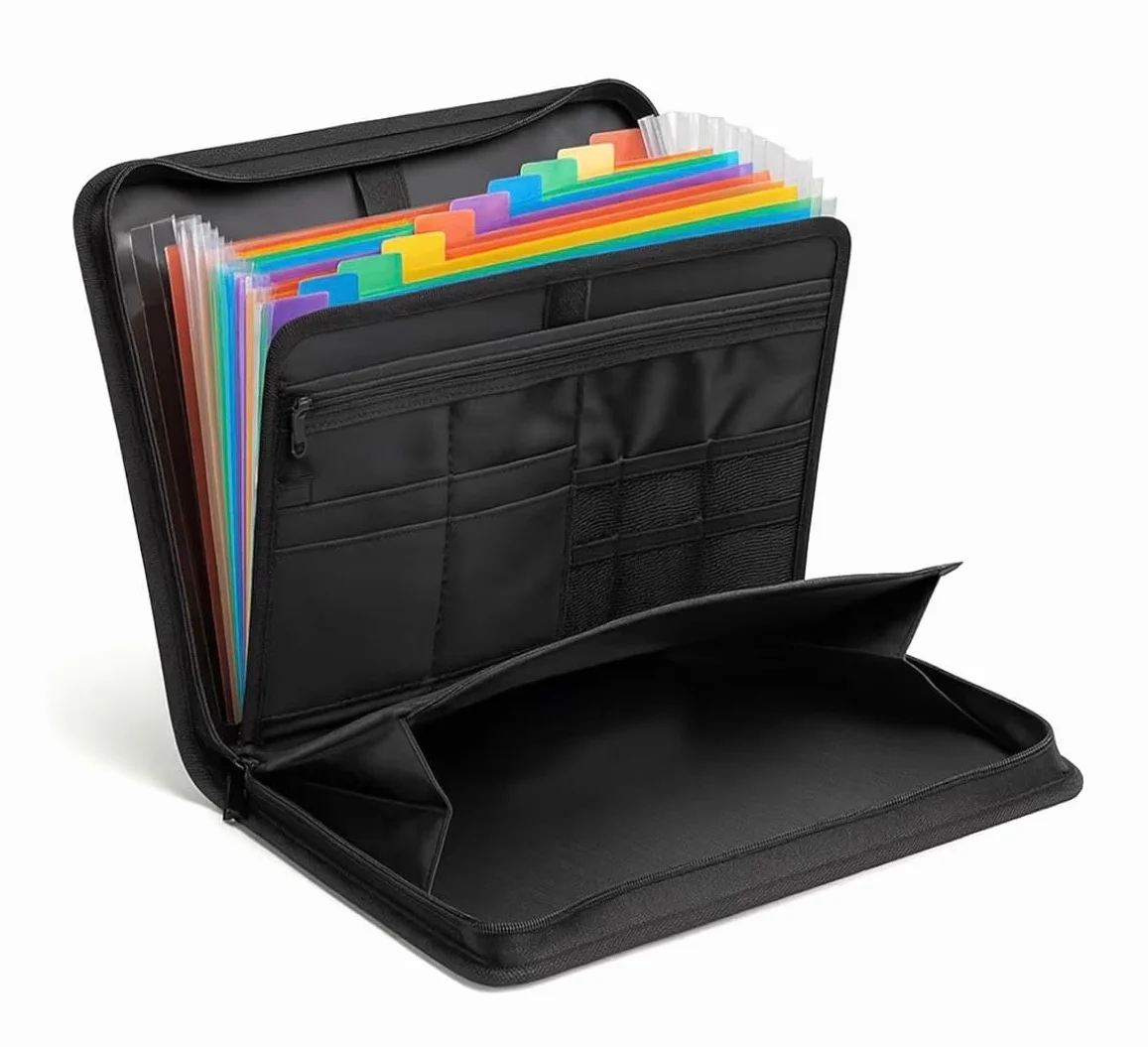 Cartella Portadocumenti in Eco Pelle Nera Porta Documenti A4 12 Slot Carte Organizer Ufficio Viaggio 36x26x5 cm