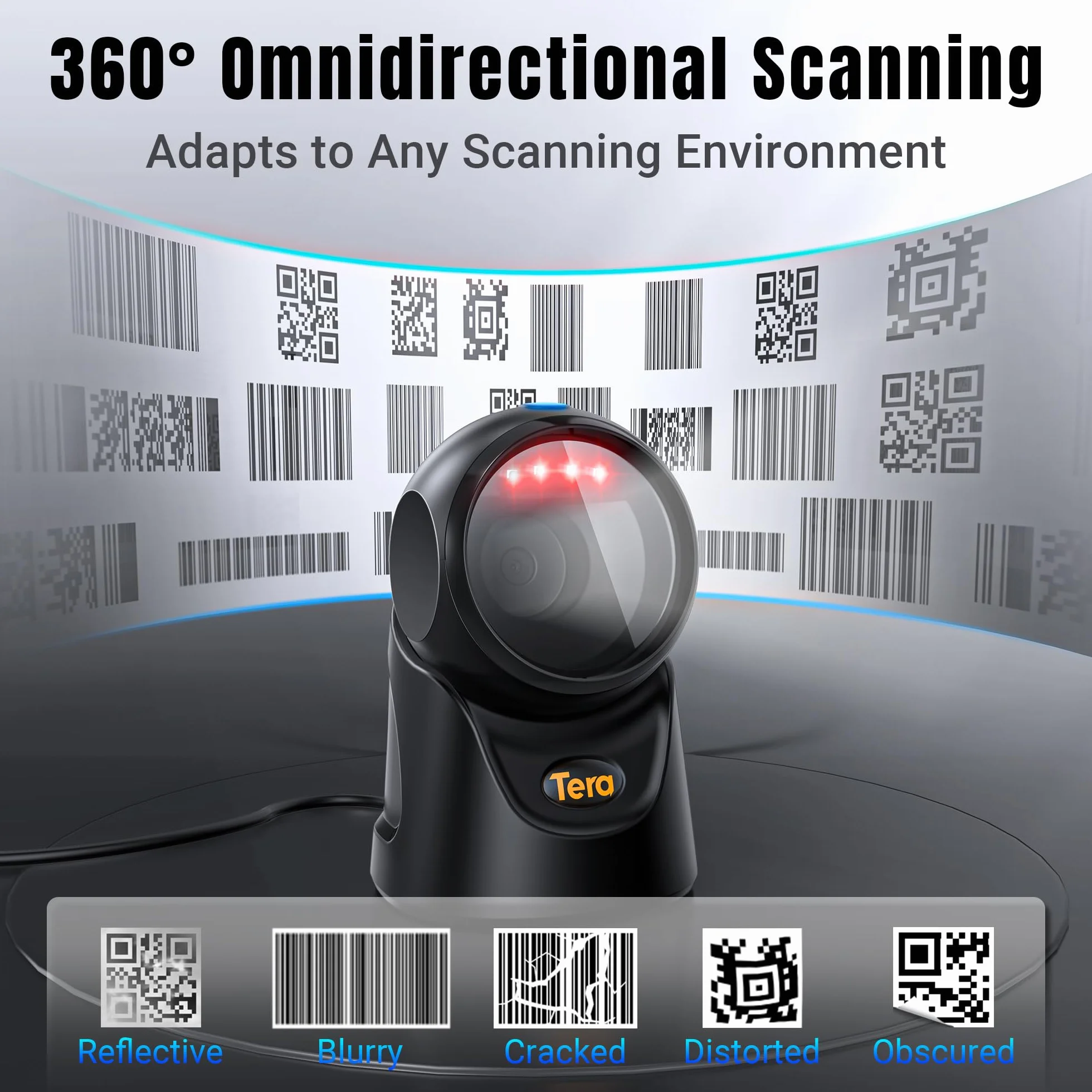 Tera Scanner Barcode 1D/2D QR da Banco Omnidirezionale USB Cablato Vivavoce Angolo Regolabile Plug & Play per POS Supermercato Magazzino Negozio Ospedale 9700