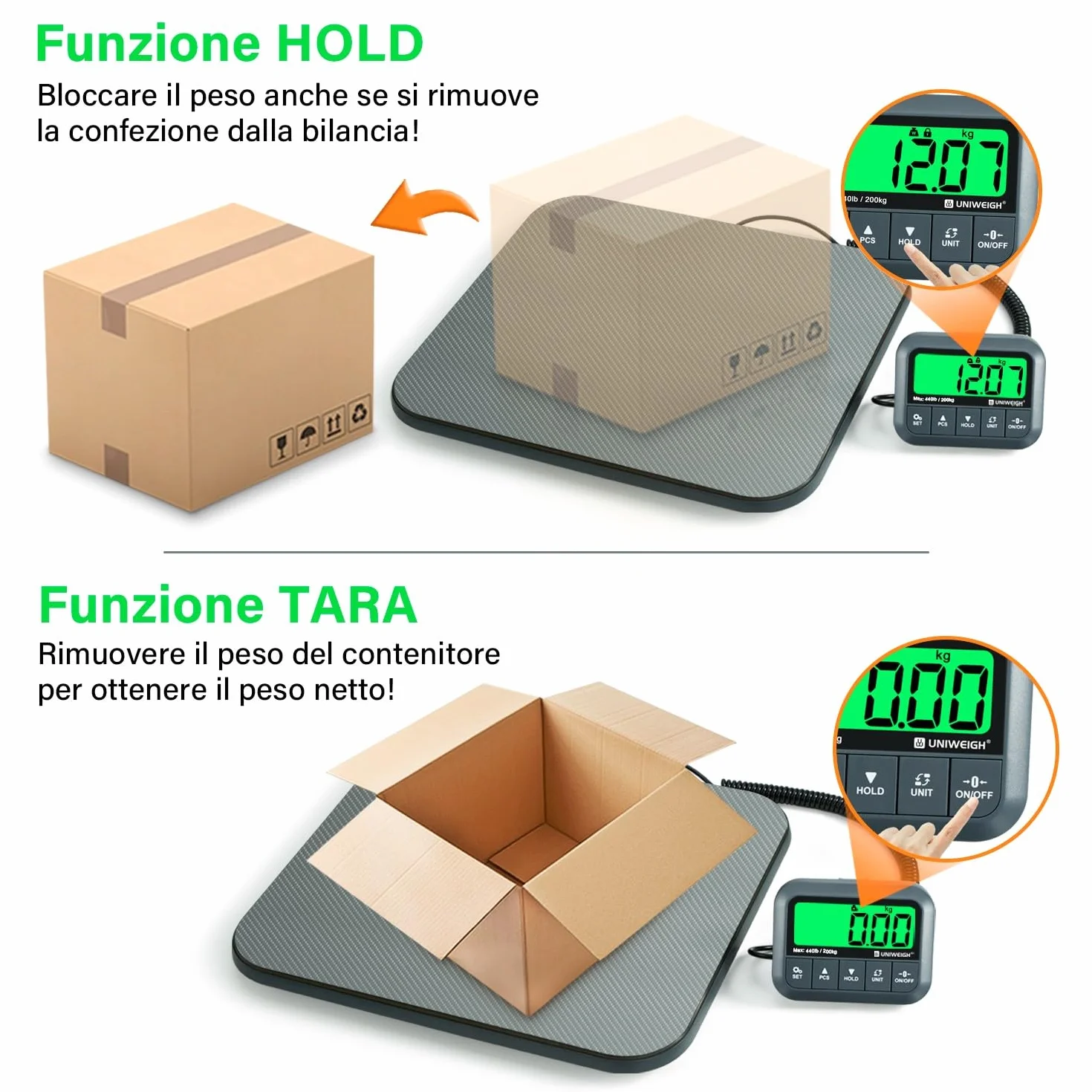 UNIWEIGH Bilancia Postale Digitale 200kg 10g Alta Precisione con Funzione Hold Tara Conteggio