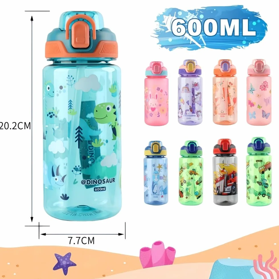 Dinosauro Borraccia Bambini 600 ML Infrangibile Senza BPA Apertura One-Touch Facile da Pulire