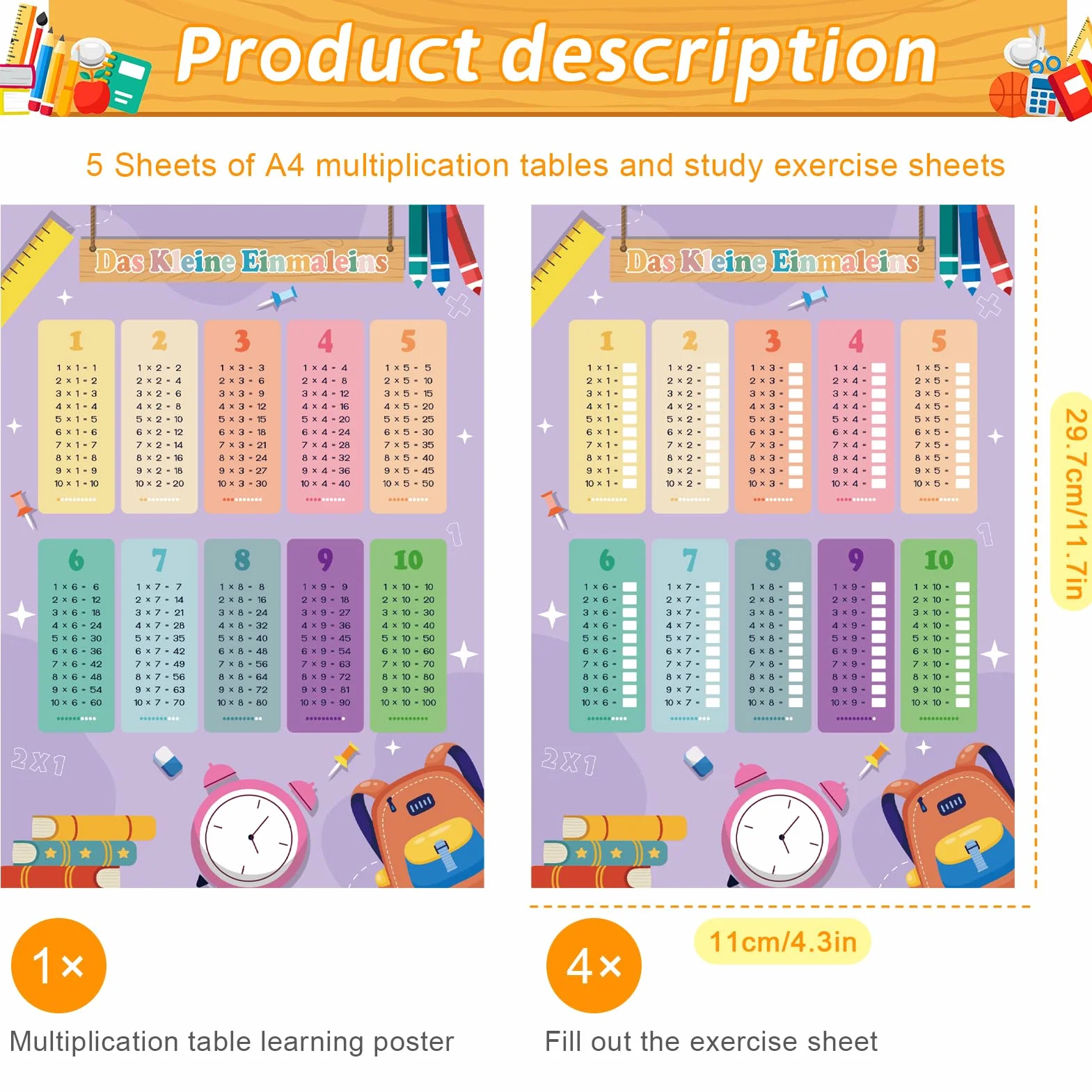 Poster didattico 1x1 per bambini con tabelline, 4 fogli di esercizi