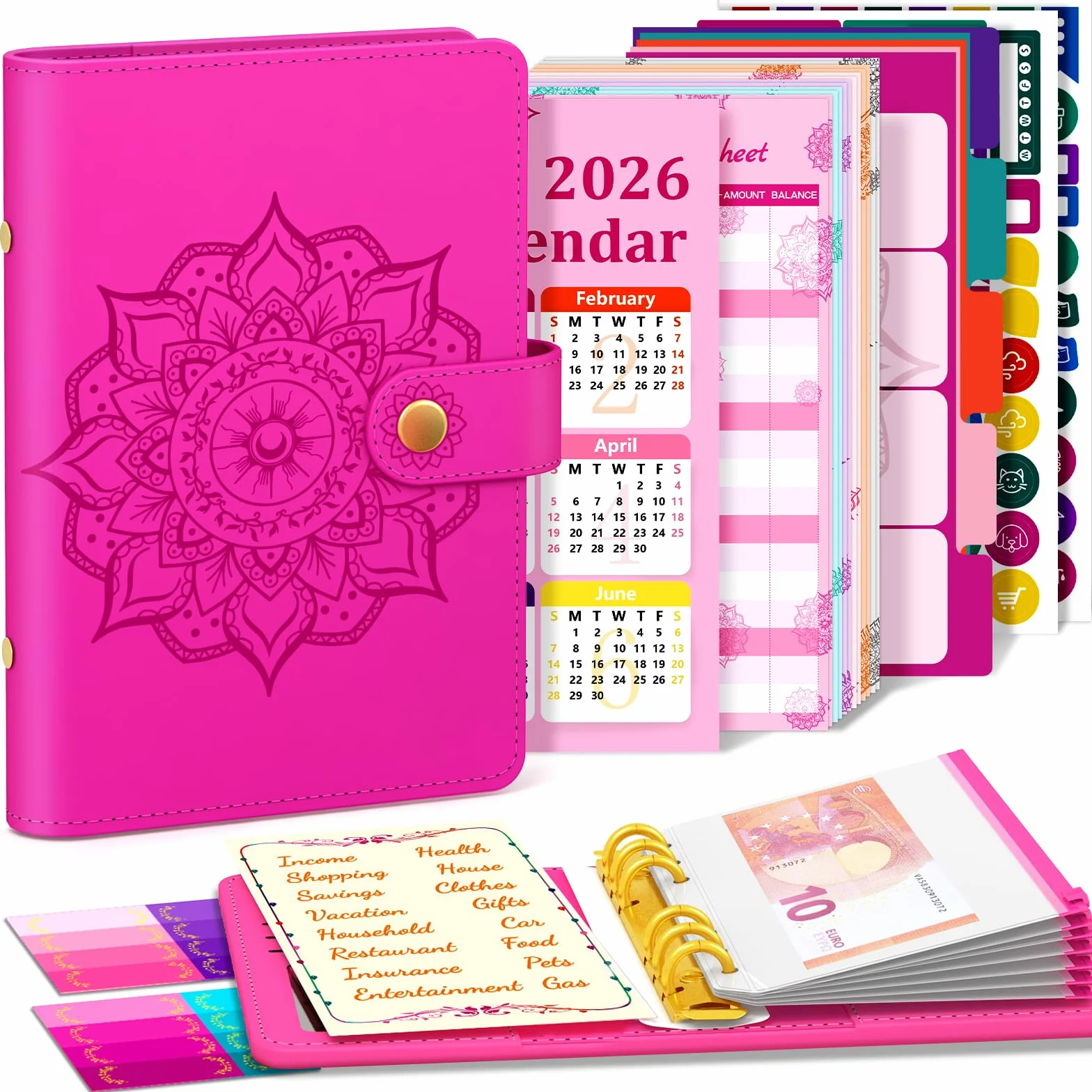 Aocii Budget Planner Binder 2026 A6 Money Envelopes Financial Saving Folder Red