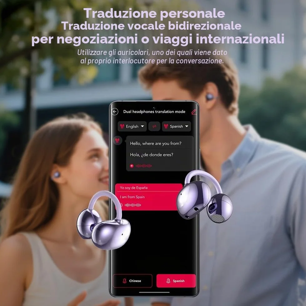 NE32 AI Cuffie Traduttore, Cuffie di Traduzione in Tempo Reale 3-in-1 136 Lingue con App, Veri Auricolari Traduttore Bluetooth Wireless, Cuffie Open Ear 40H per iOS e Android, Apprendimento, Viaggi