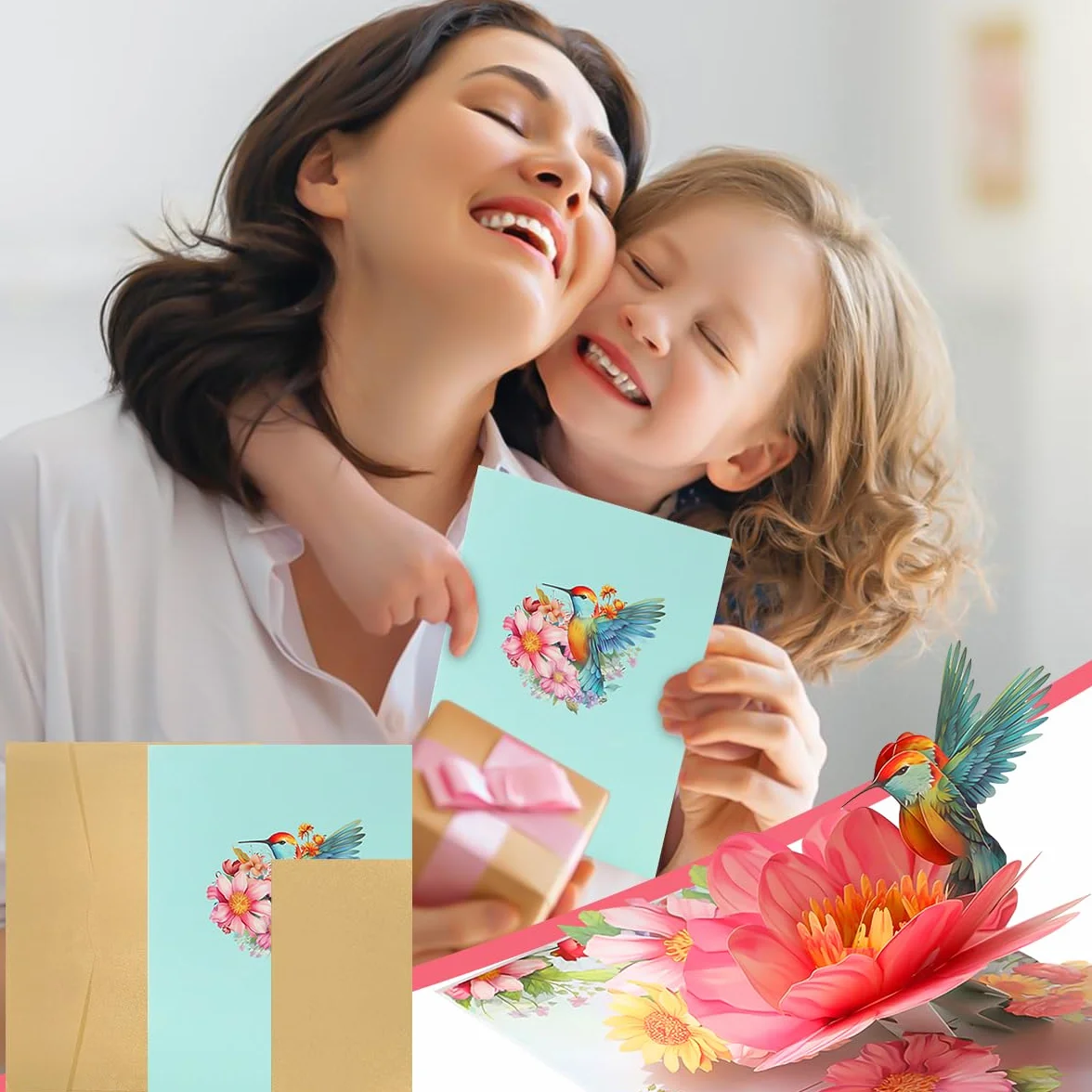 Biglietti di compleanno 3D con colibrì e fiori per mamma, fidanzata e ragazze