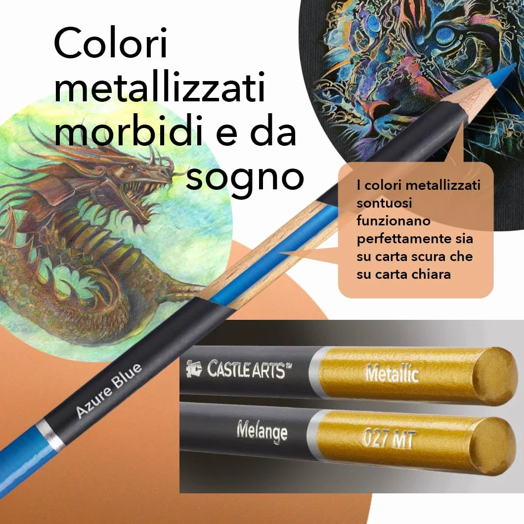 Castle Art Supplies Set di Matite Metalliche | 48 Tonalità Scintillanti dall’Anima in Cera per Artisti Adulti, Professionisti e Coloristi | Protetto e Disposto in un Cofanetto di Metallo