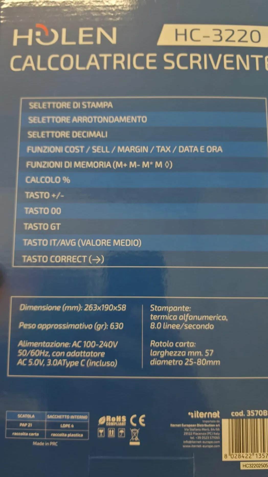 Holen HC-3220 Calcolatrice Termica con Display LCD, 12 Cifre, Stampante Integrata, Funzioni Business, Bianco