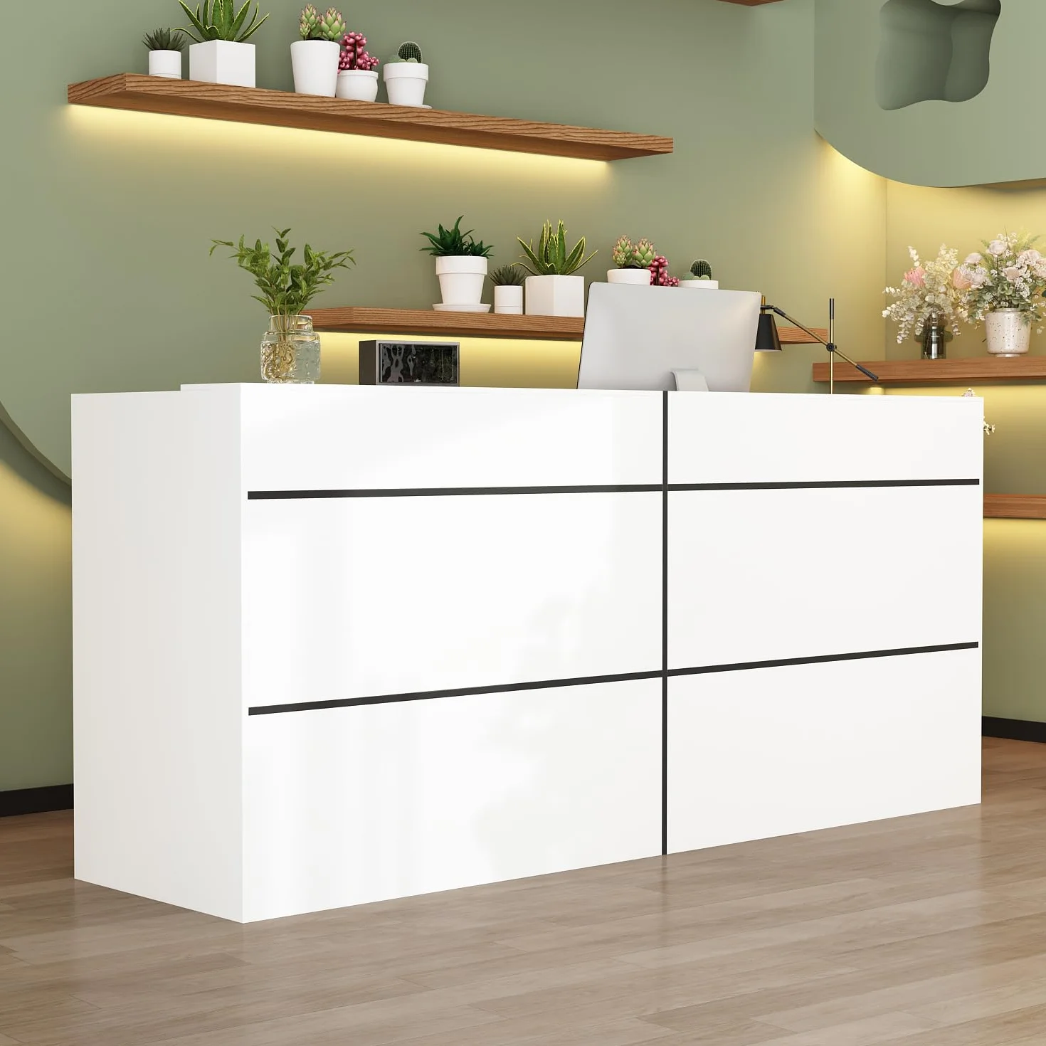 Banco di Ricevimento Con Grande Superficie di Lavoro, Bancone Della Reception, Tavolo da Ufficio Con Protezione per la Privacy, Bianco, 220 x 60 x 100 cm