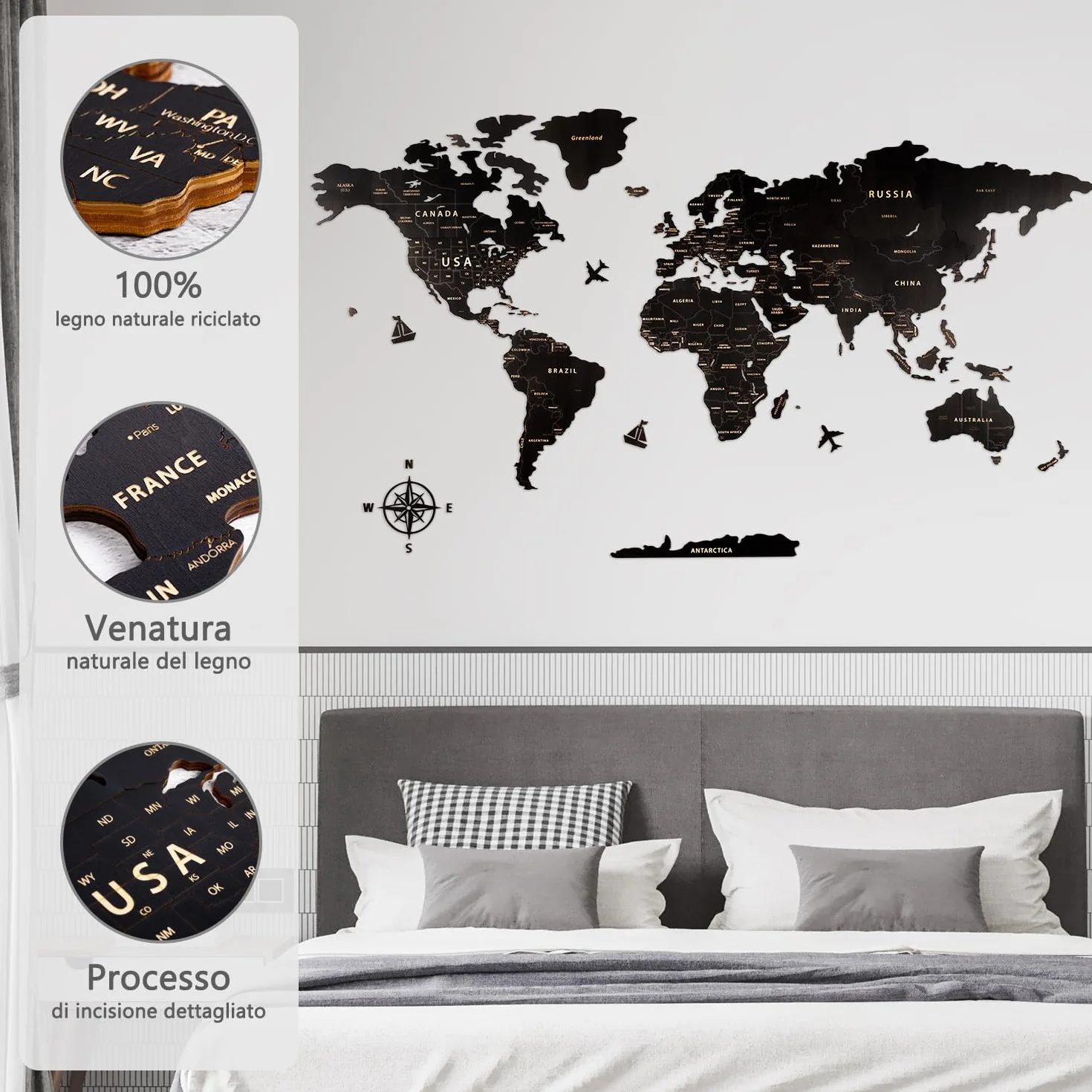 Creawoo Mappa del Mondo in Legno da Parete Decorazione, Nero Mappamondo in Legno Parete Puzzle Arte per Soggiorno, Ufficio, Camera Decorazione -200x114 CM