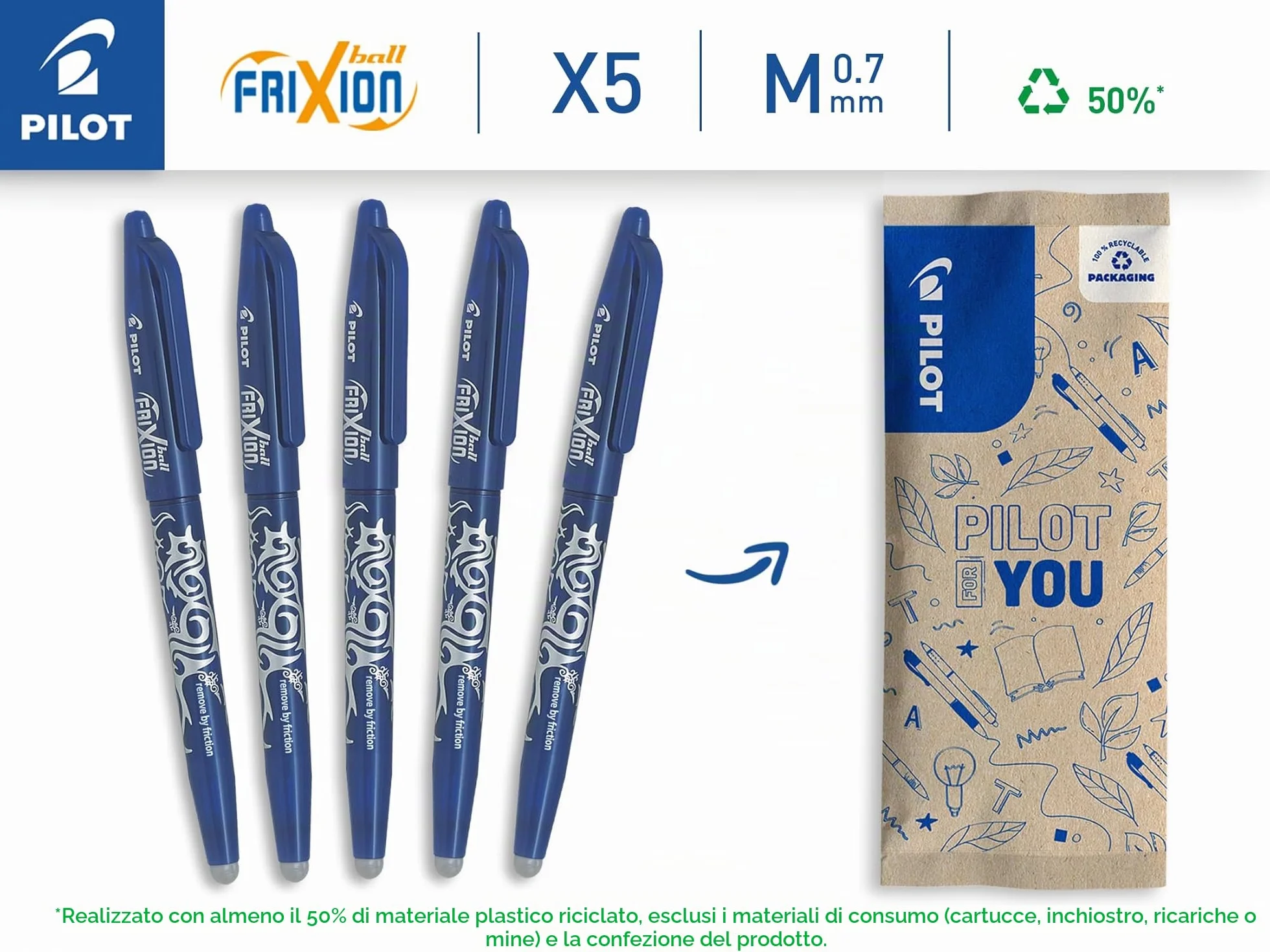 PILOT Frixion Ball Penna Cancellabile Termosensibile Blu Tratto Medio 5 Pezzi