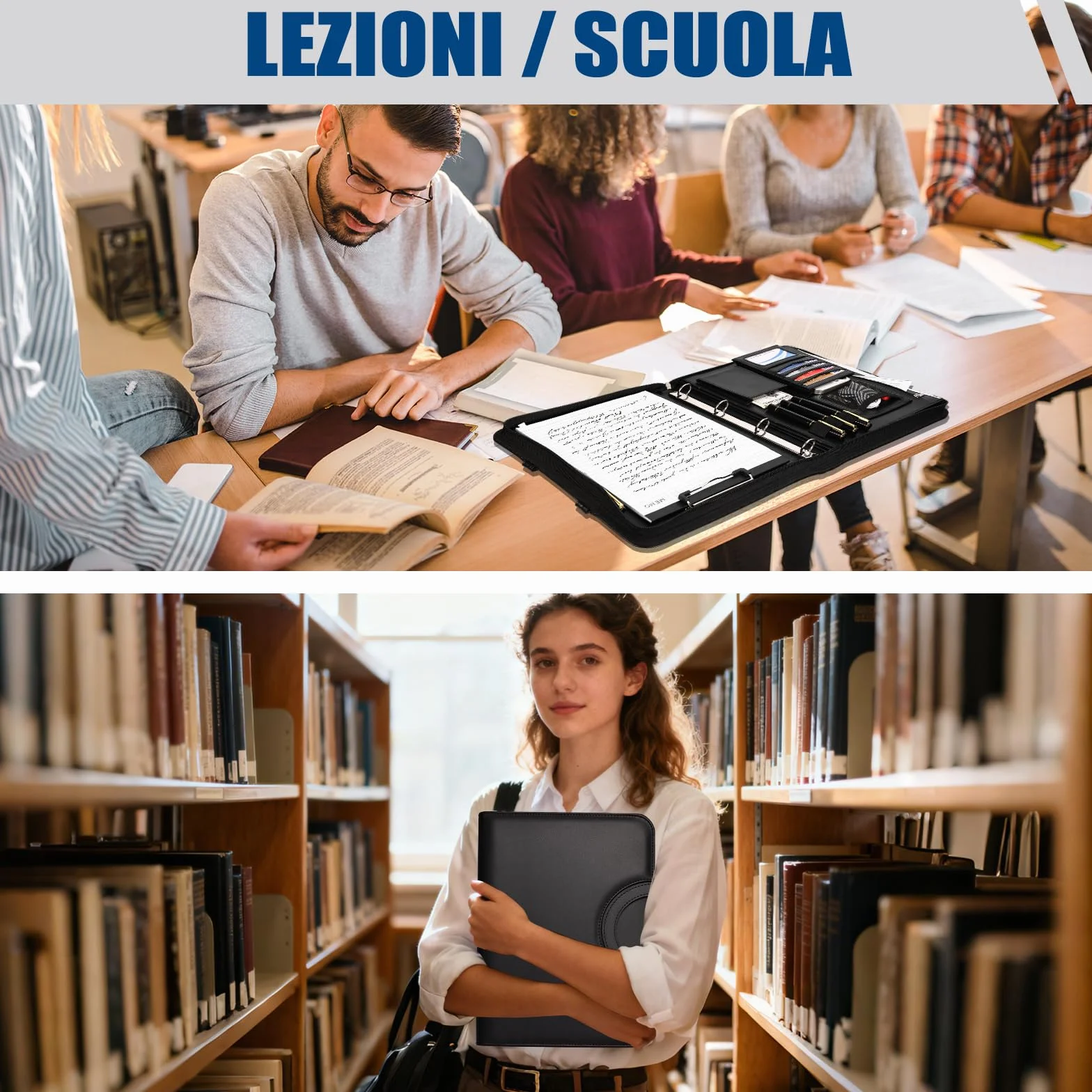 Cartella Portadocumenti A4 con Buste Trasparenti, Raccoglitore ad Anelli 4 con Manico Magnetico e Cerniera in Pelle Vegana