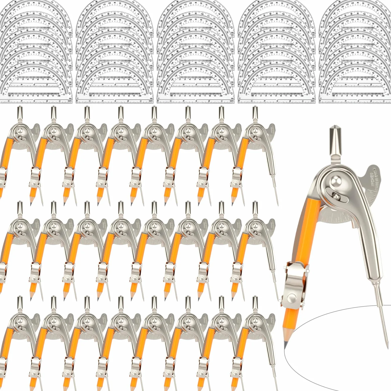Set di 50 strumenti per geometria, compasso matematico per geometria e goniometro da 15,2 cm, include bussola in metallo con matita e goniometro in plastica trasparente, per studenti, aule, ufficio