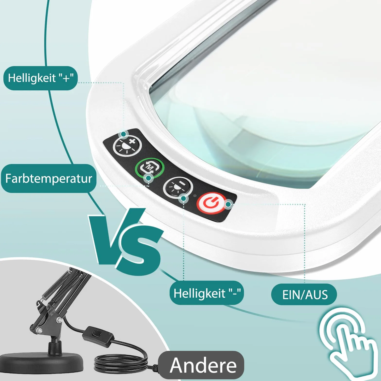 Lente d'ingrandimento 10X con luce e supporto, lampada da terra con lente d'ingrandimento 3 in 1, 5 modalità di colore, lampada con lente d'ingrandimento dimmerabile per pittura e cucito.