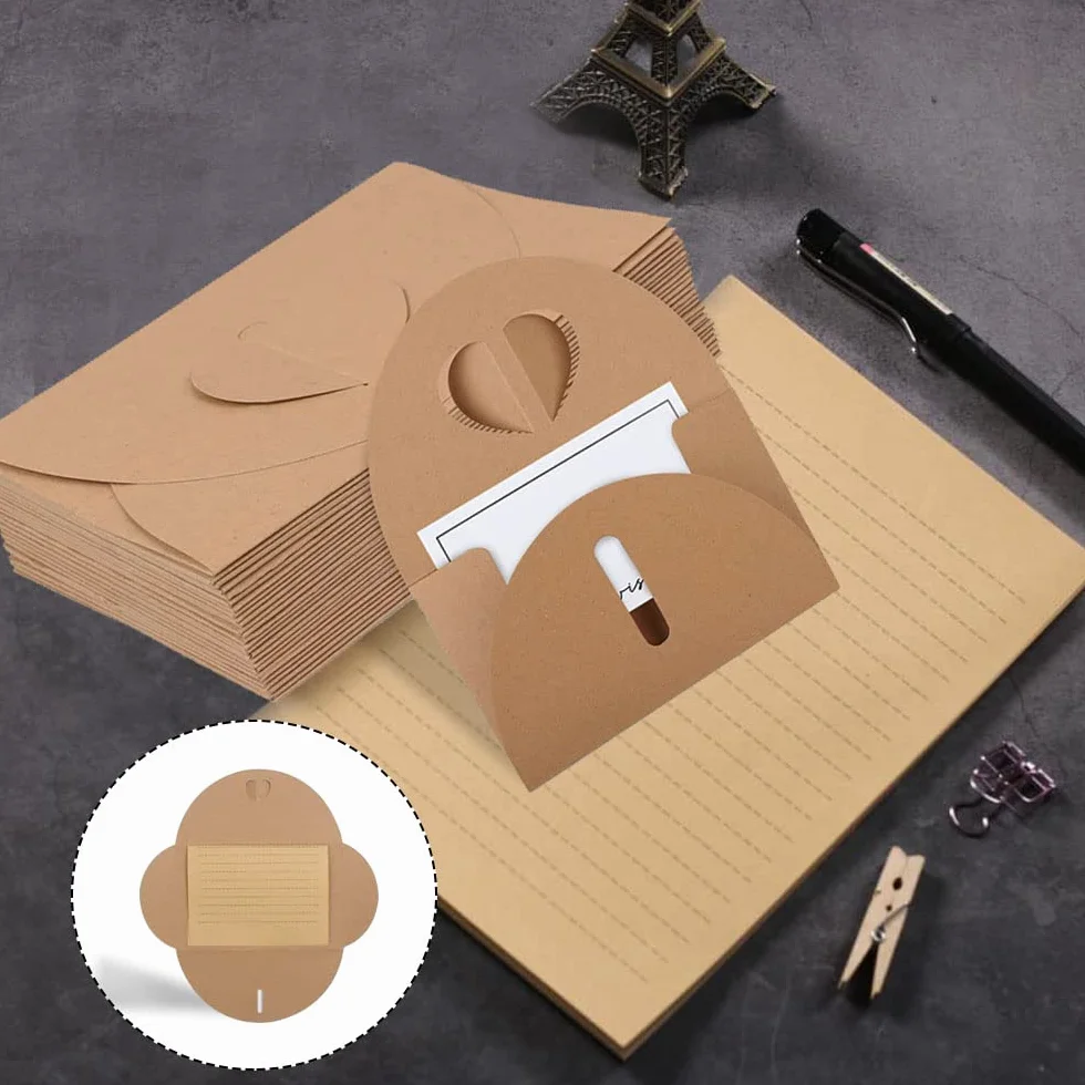 Buste in Carta Kraft 100 Pezzi 10 x 6 cm con Chiusura a Cuore per Partecipazioni Matrimonio