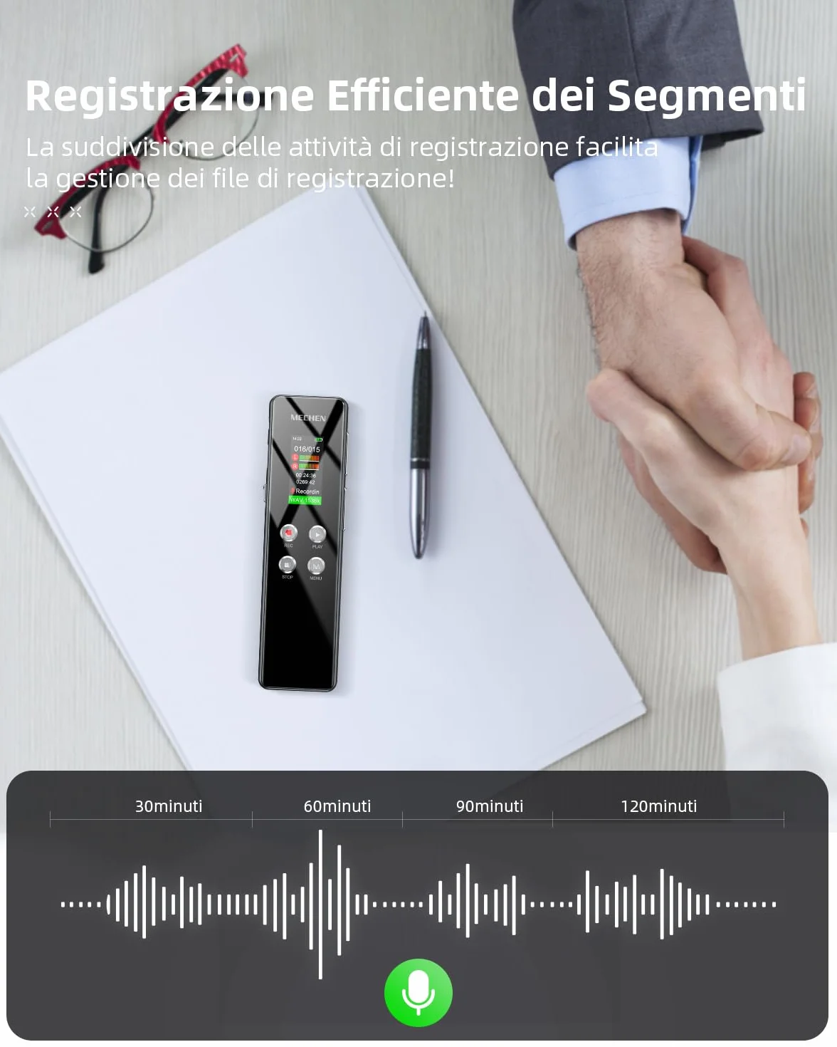 MECHEN V01 Registratore Vocale da 128GB, Registratore di Voce con Registrazione Anticipata, Protezione con Password, Riduzione Automatica del Rumore, 300mAh (15 Ore di Durata) (128, GB)