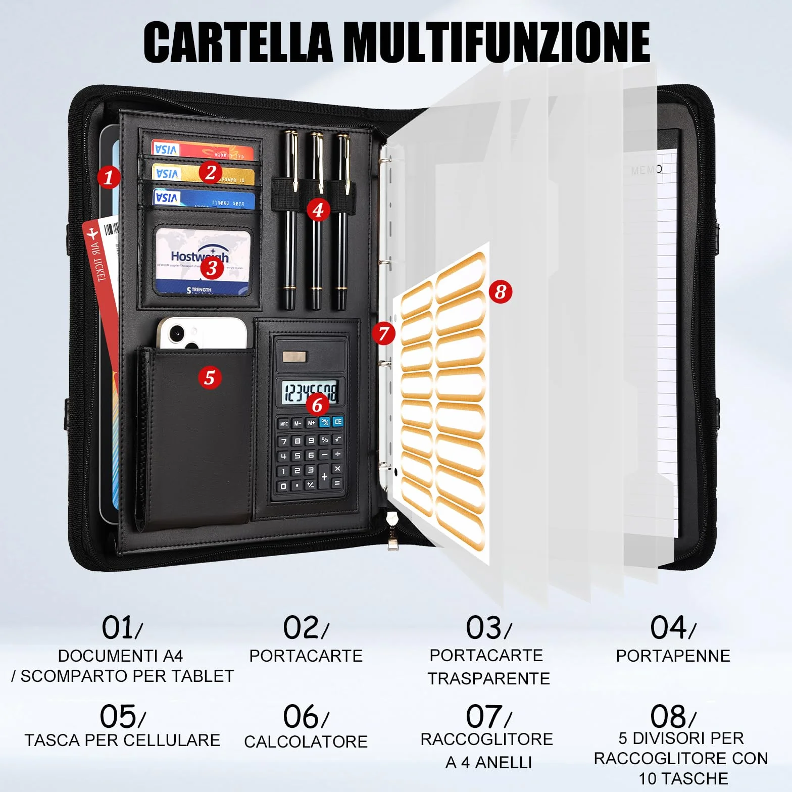 Leathario Cartella Portadocumenti A4 Pelle Vegana con Maniglia e Portablocco Raccoglitore ad Anelli
