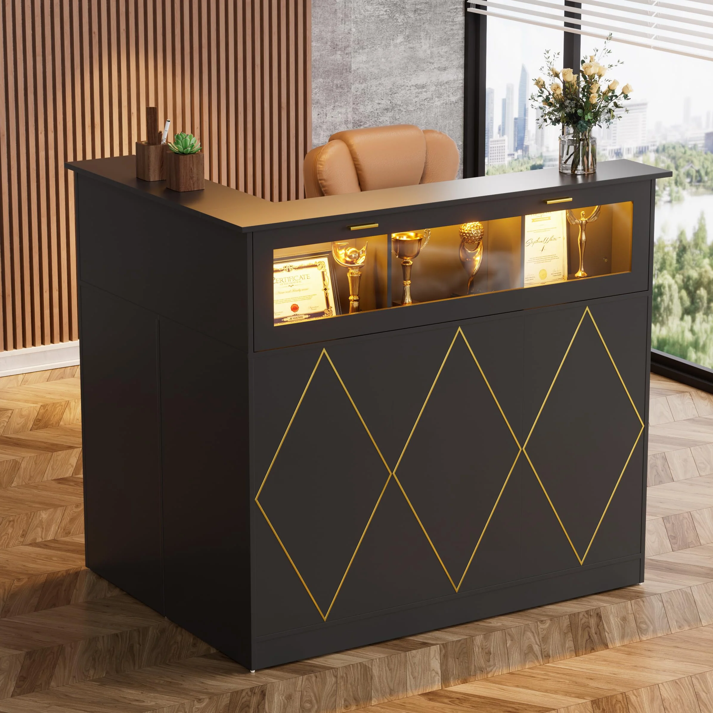 MSFE Bancone Reception con LED, Banco Reception L con Cassetti e Armadi, Moderno Bancone Negozio Reception Estetica Banco Cassa per Hotel, Ufficio,Centro Estetico,126x93x111cm (Nero)