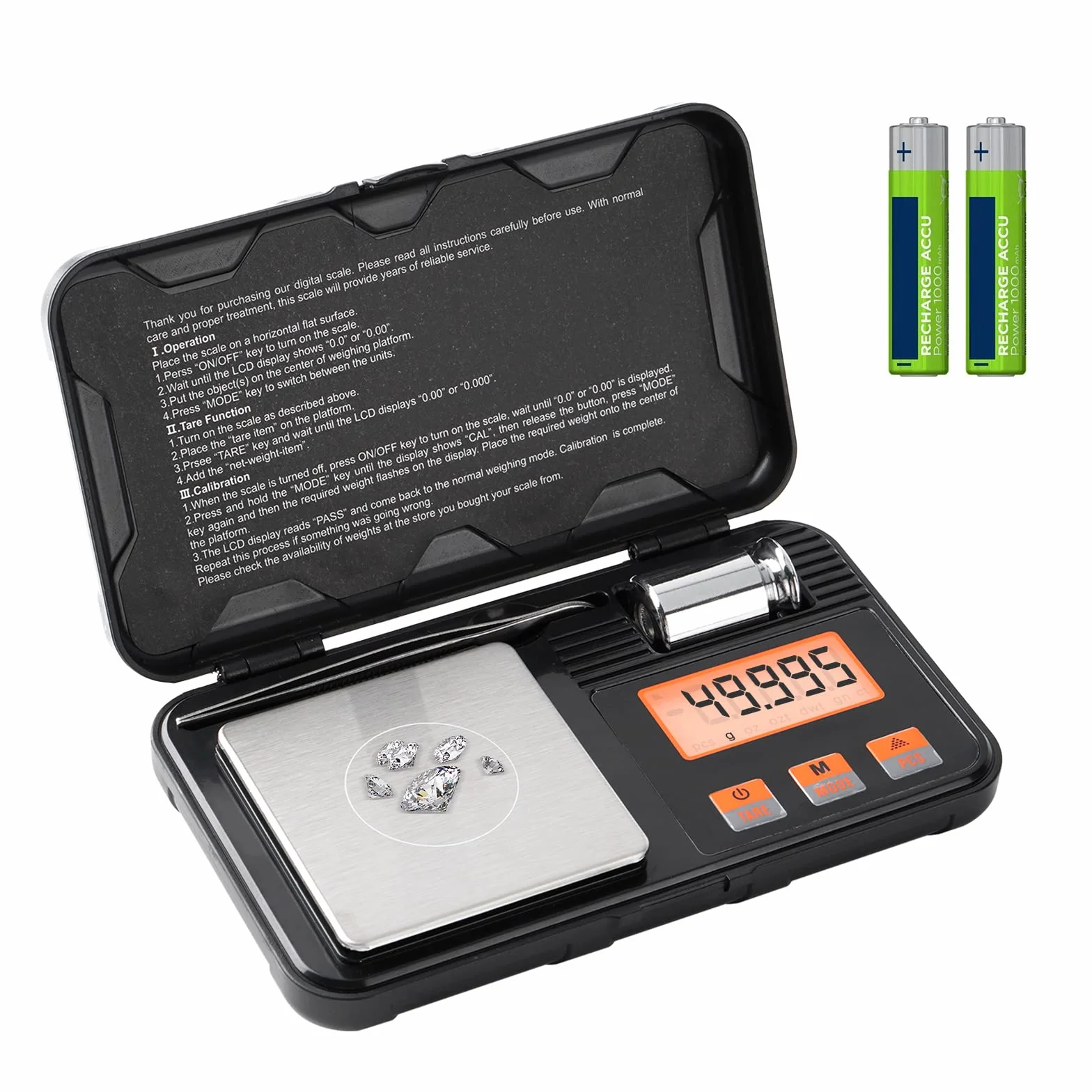 50g 0,001g Bilancia digitale a milligrammi Bilancia tascabile Bilancia di precisione Display LCD con 50g-Peso e Pinzette Bilancia per gioielli