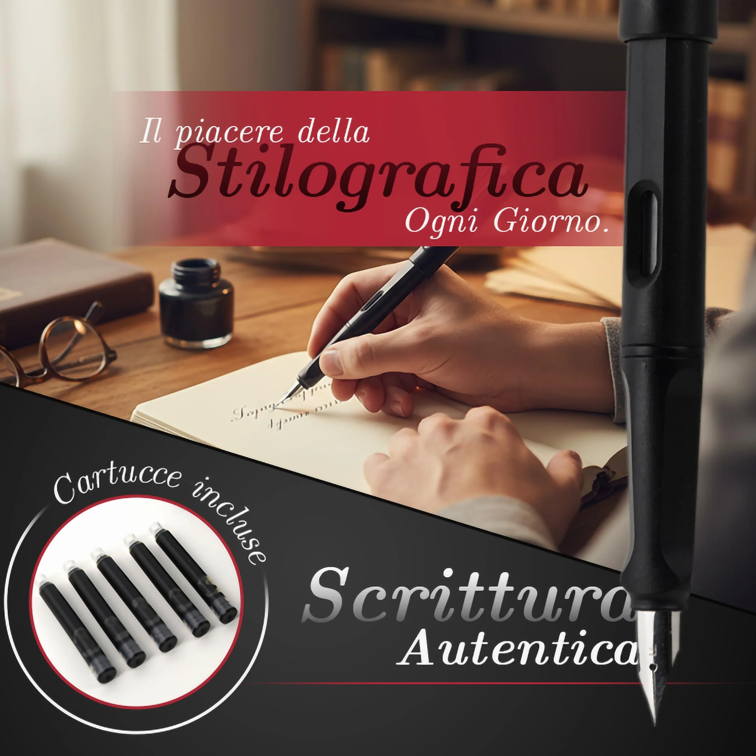 Penna Stilografica Elegante con Pennino in Acciaio Inox, Ricaricabile con 5 Cartucce Incluse
