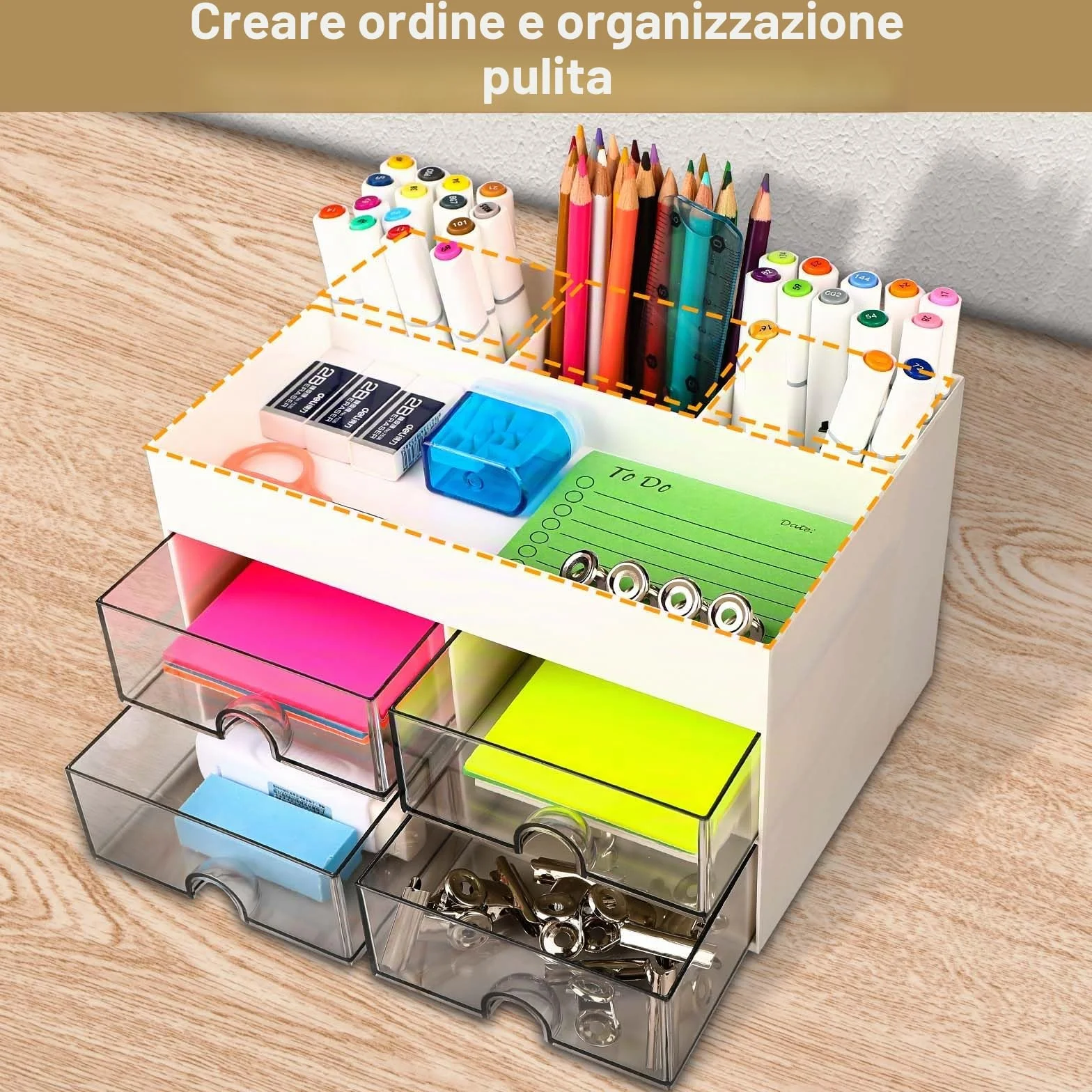 Miiepls Organizzatore Da Scrivania con 4 Cassetti, Salvaspazio Multifunzione per Scuola Casa Ufficio