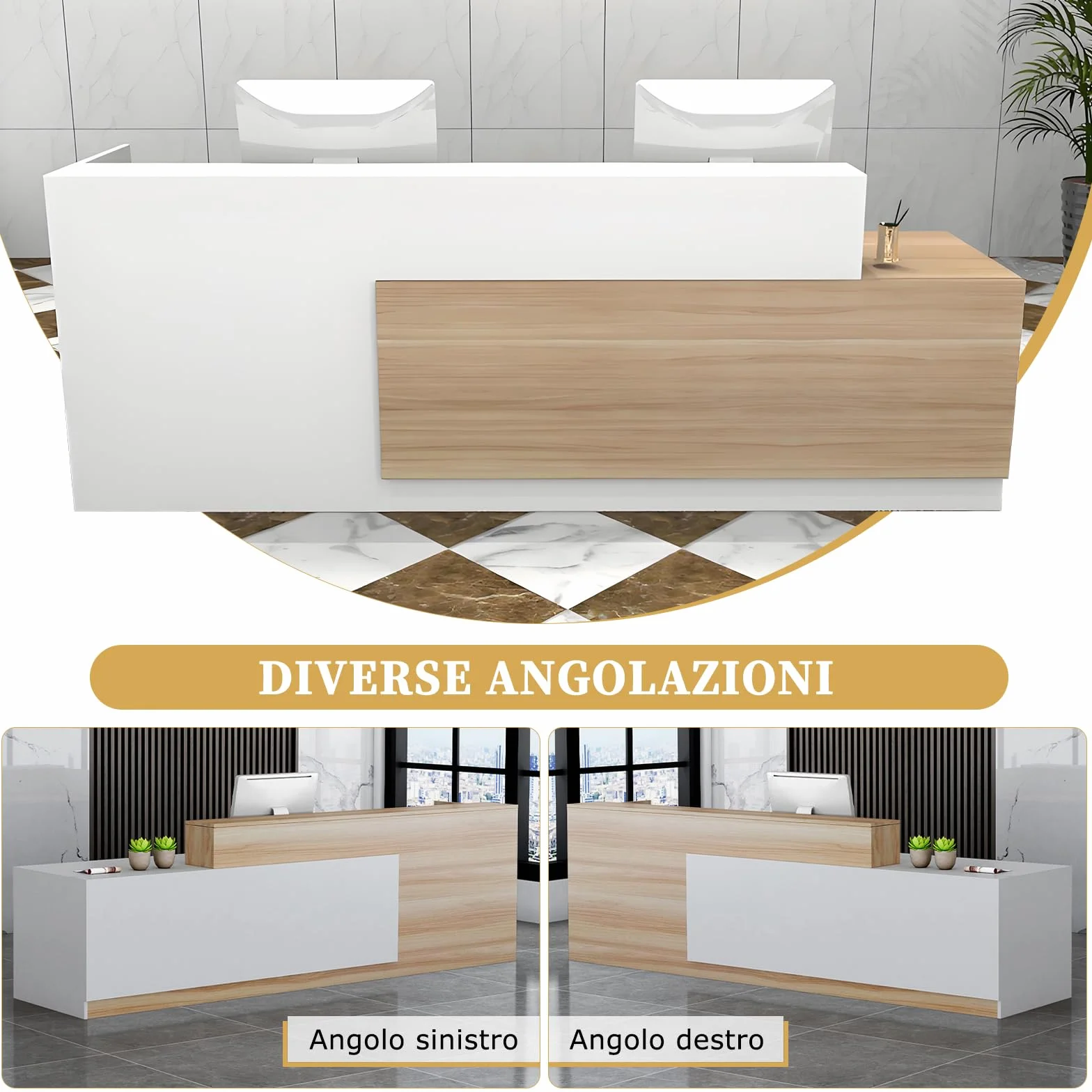 Bancone Reception, Banco Reception con Cassetto e Ripiani Aperti, Banconi Reception da 100–240 cm, Moderno per Ufficio, Adatto per Saloni, Yffici, Hall, Negozi al Ddettaglio