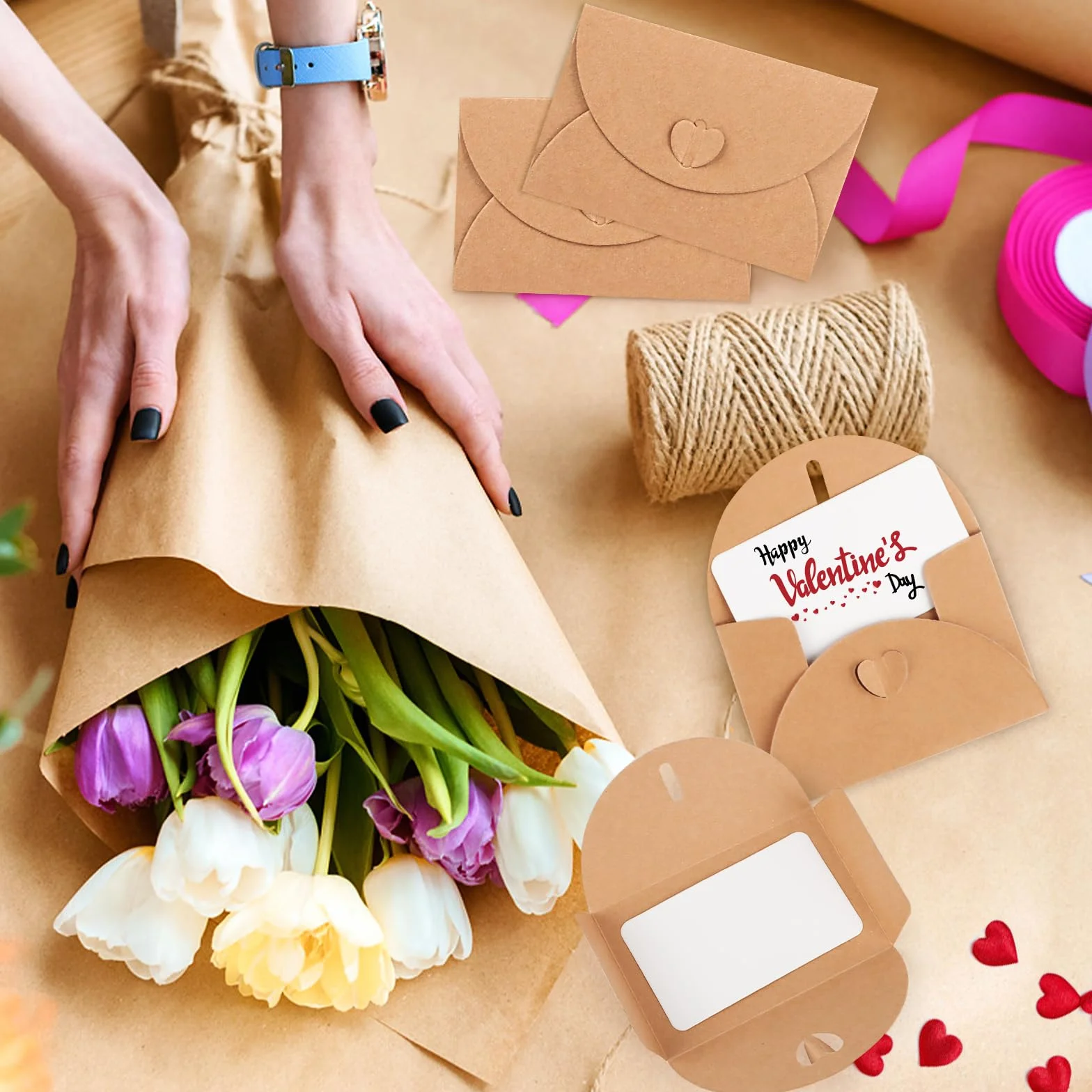 Buste di Carta Kraft 10x7 cm con Chiusura a Cuore, 100 Pezzi per Carte Regalo Fai da Te