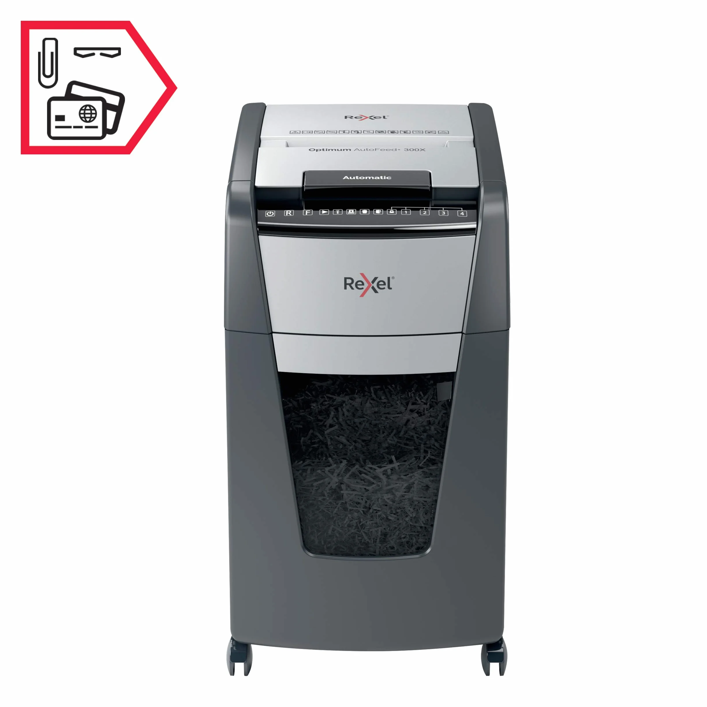REXEL Optimum Auto Feed+ 300X, Distruggi documenti Automatico, 300-330 Fogli (80-70 gr-mq), Taglio a Frammento, Livello di Sicurezza P-4, per l?Ufficio, Capacit? 60 Litri, con Ruote, 2020300XEU