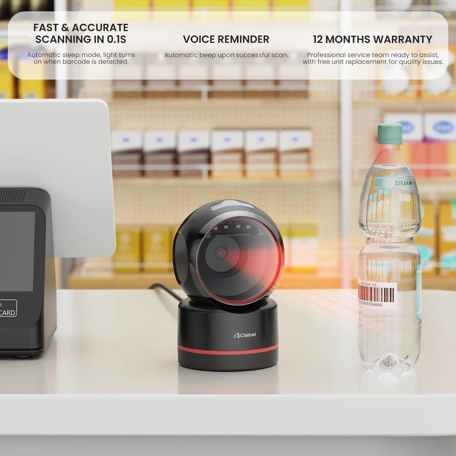 CLABEL T27H Scanner Codici a Barre Desktop Omnidirezionale: Lettore 1D 2D QR da Banco a Mani Libere, USB Cablato, Angolo Regolabile e Rilevamento Automatico per POS Negozio Pagamento Mobile