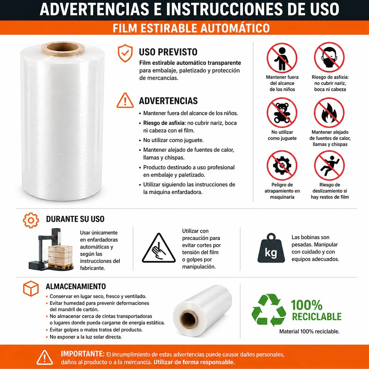 Film estensibile automatico trasparente 500 mm x 1512 m - Bobina industriale 16 kg - 23 micron ±2 - Plastica Stretch Film per enfardatrice automatica, pallettizzazione, imballaggio e logistica