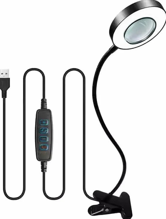 Lente d'ingrandimento 10x con 3 modalità di colore, lampada da scrivania illuminata a LED con morsetto in metallo, lente d'ingrandimento flessibile a collo d'oca per lettura nail art (nero) nero
