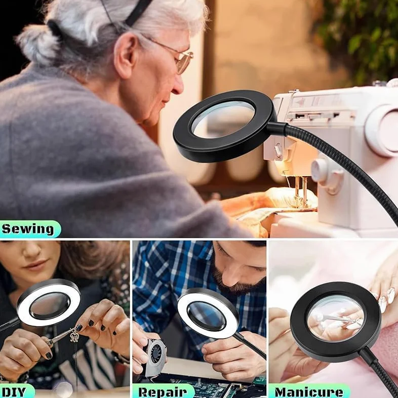 Lente d'ingrandimento 10x con 3 modalità di colore, lampada da scrivania illuminata a LED con morsetto in metallo, lente d'ingrandimento flessibile a collo d'oca per lettura nail art (nero) nero