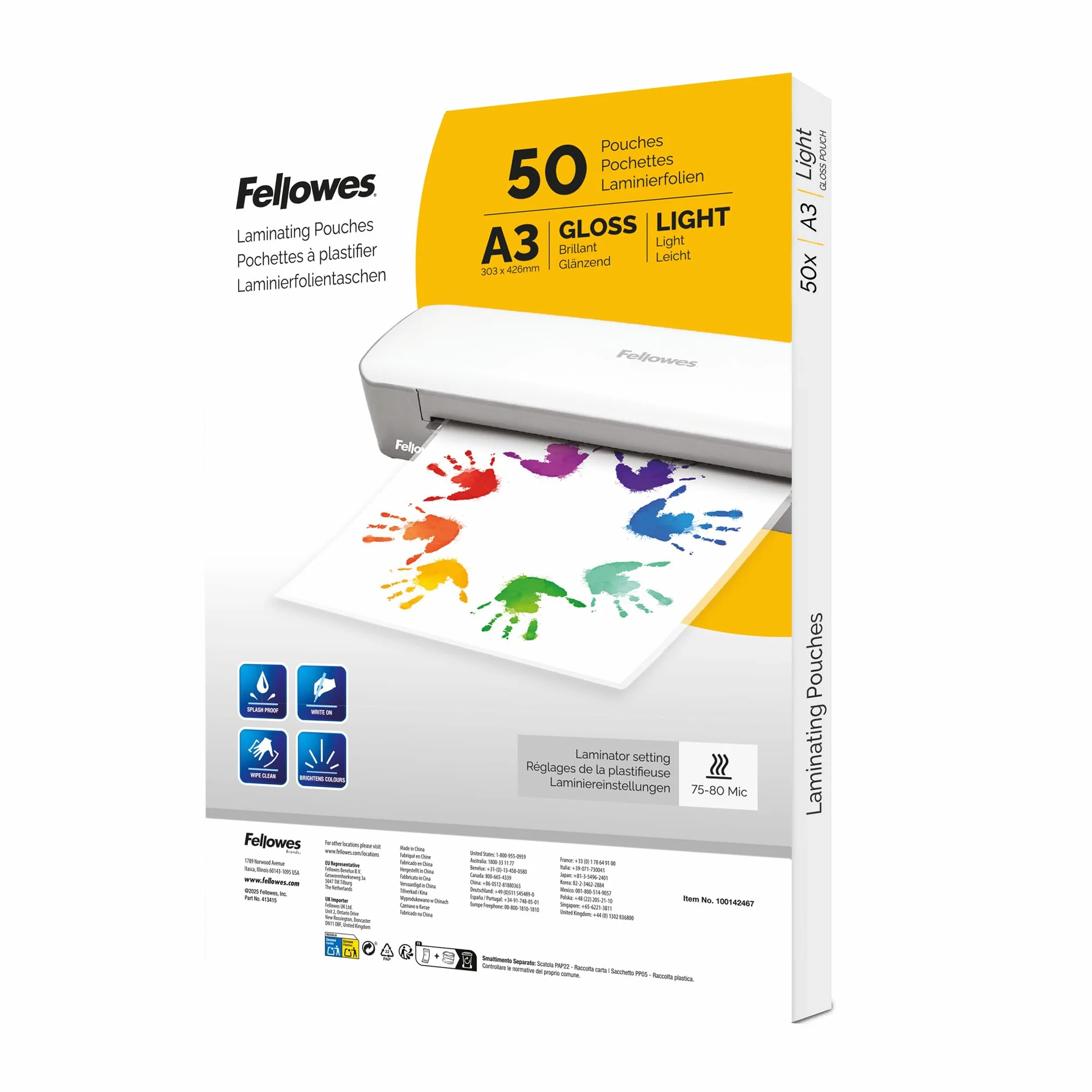 Fellowes Fogli per Plastificazione A3 Lucide 50 Pezzi Resistenti per Poster Documenti