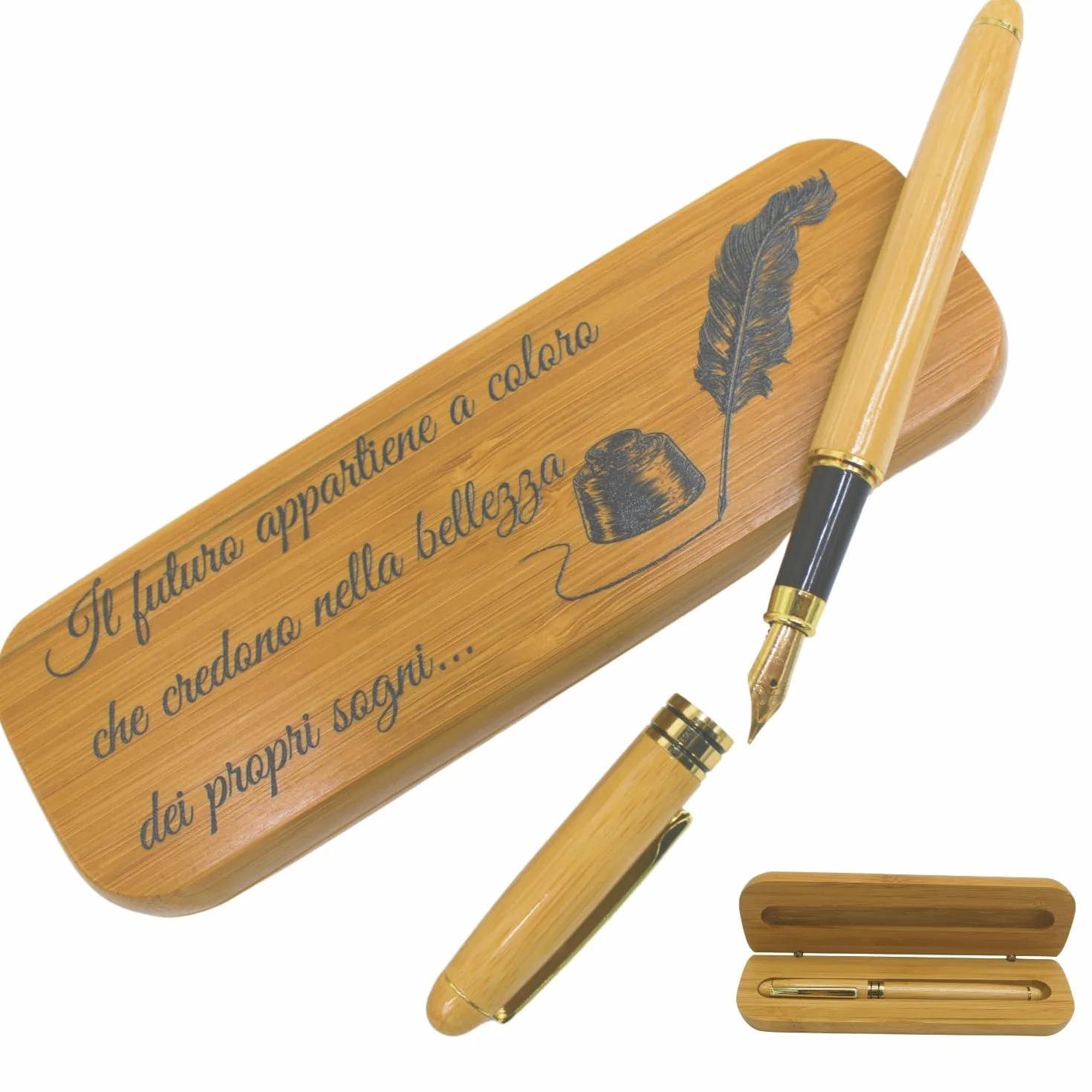 Amore Legno Sforza Penna Stilografica Elegante, Regalo Uomo Donna Laurea Compleanno con Frasi Motivazionali, Scatola Bamboo