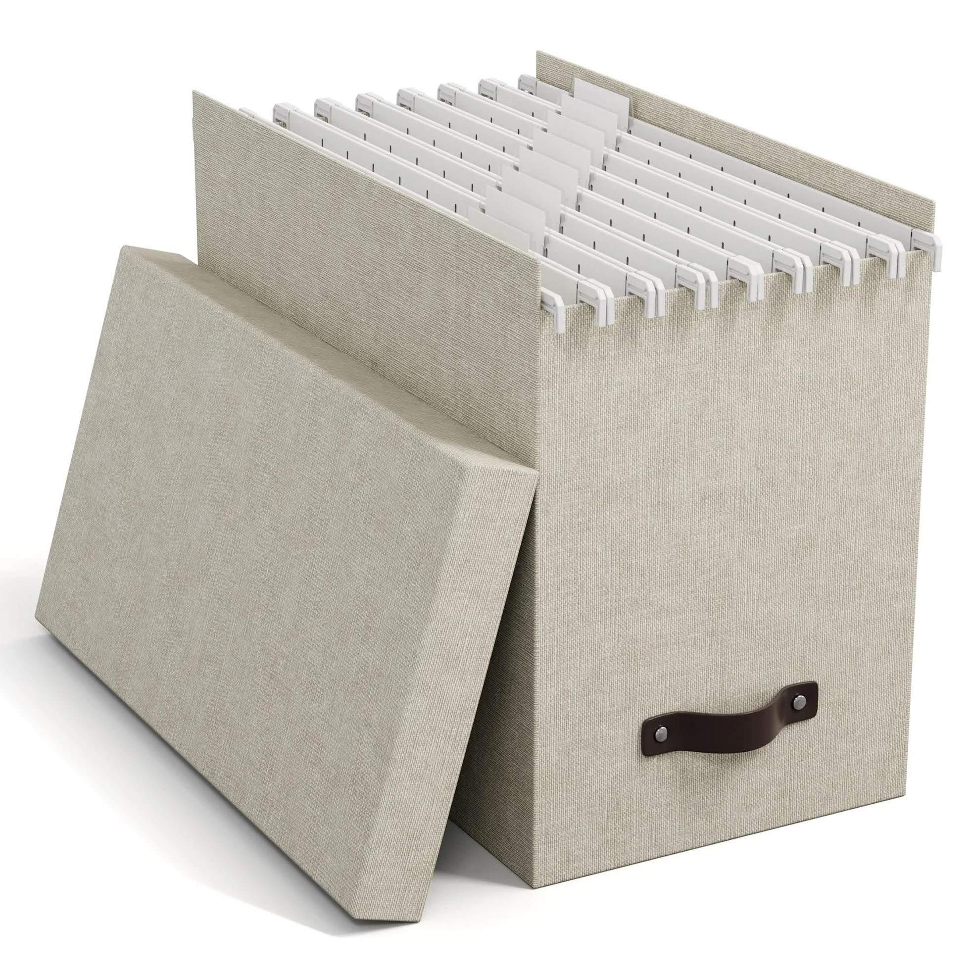 Bigso Box of Sweden Contenitore per documenti con coperchio - Raccoglitori da scrivania con 8 cartelle sospese - Raccoglitori documenti in fibra di legno e carta effetto lino - beige