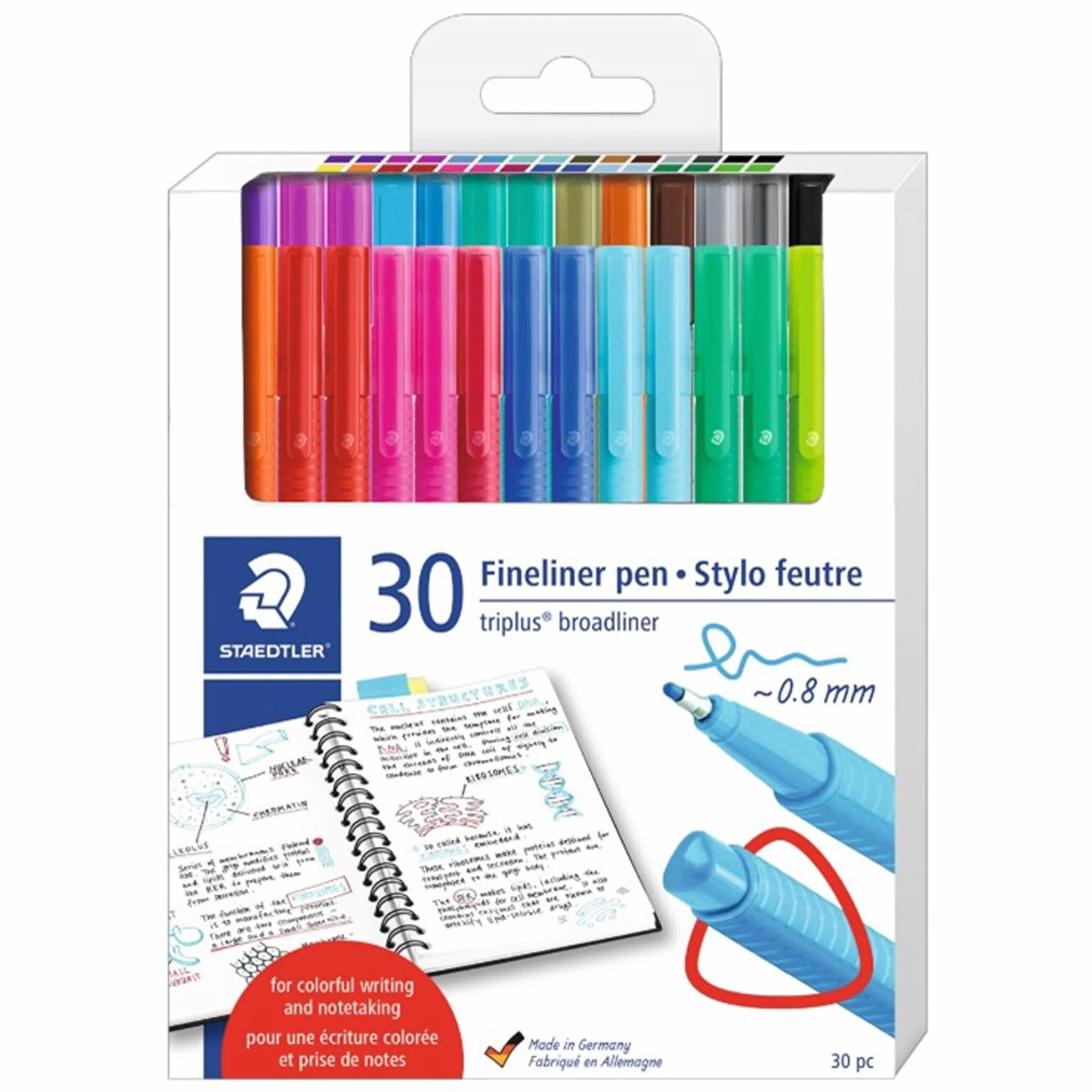 STAEDTLER Triplus Broadliner Pen, Triangular Barrel, 0.8mm Line, Assorted Colors, 30 Pack