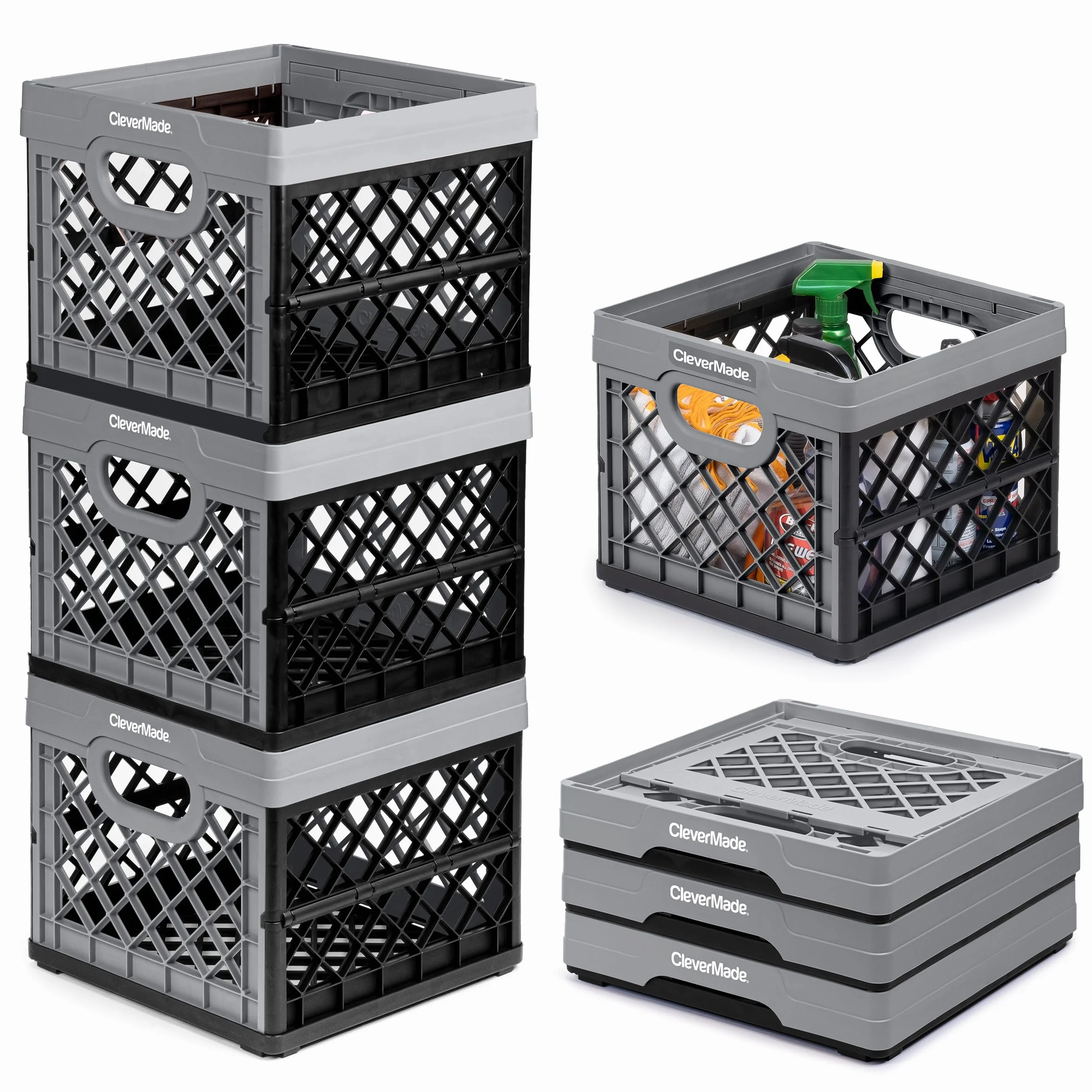 CleverMade - Contenitori pieghevoli per il latte, modello Stone, 3 pezzi, 25 L, impilabili, possono contenere 22,7 kg ciascuno, i Clevercrates sono resistenti, in plastica pieghevole per molteplici
