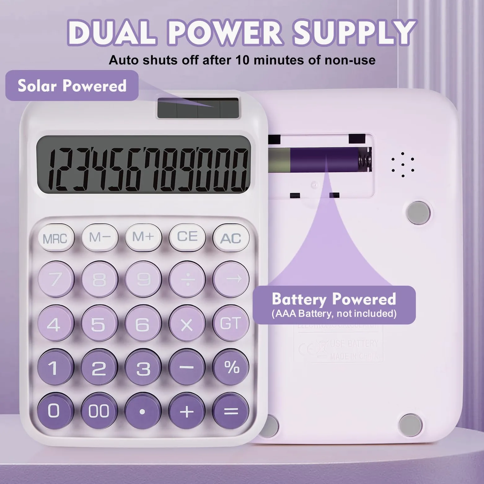 Calcolatrice meccanica con pulsanti grandi, calcolatrice da tavolo, 12 cifre, alimentazione a batteria solare, calcolatrice da tavolo, grande display LCD, simpatiche calcolatrici viola per