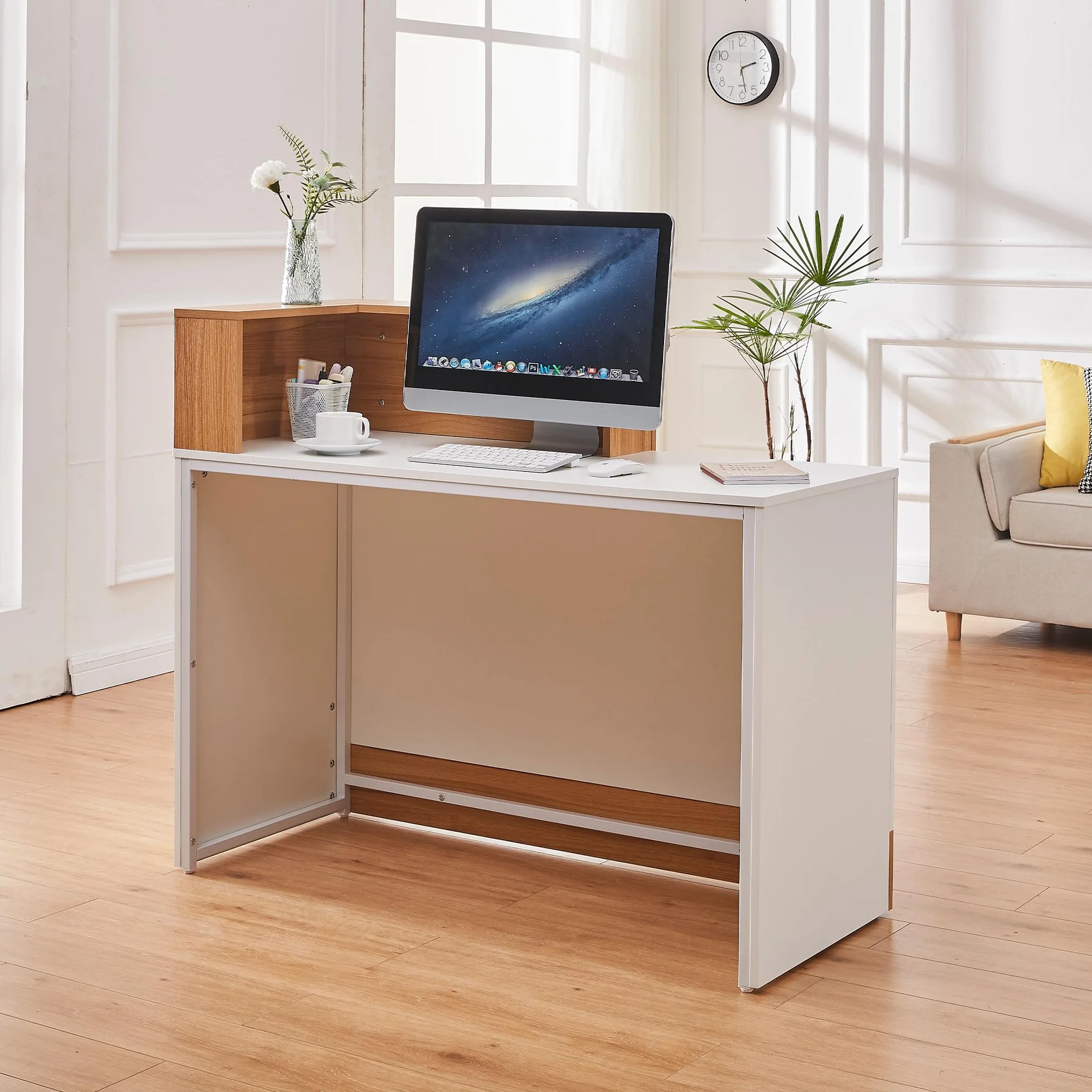 Bancone reception Moderno in Legno 120 cm, Scrivania Professionale Bancone Ufficio con Gestione Cavi per Parrucchiere, Centro Estetico, Negozio, Hotel