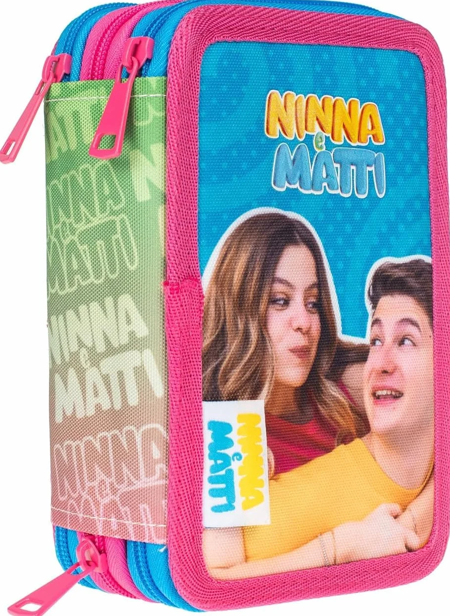 PRESTIGE & DELUXE Astuccio Scuola Ninna e Matti 3 piani completo rosa + omaggio portachiave paillettes e penna colorata
