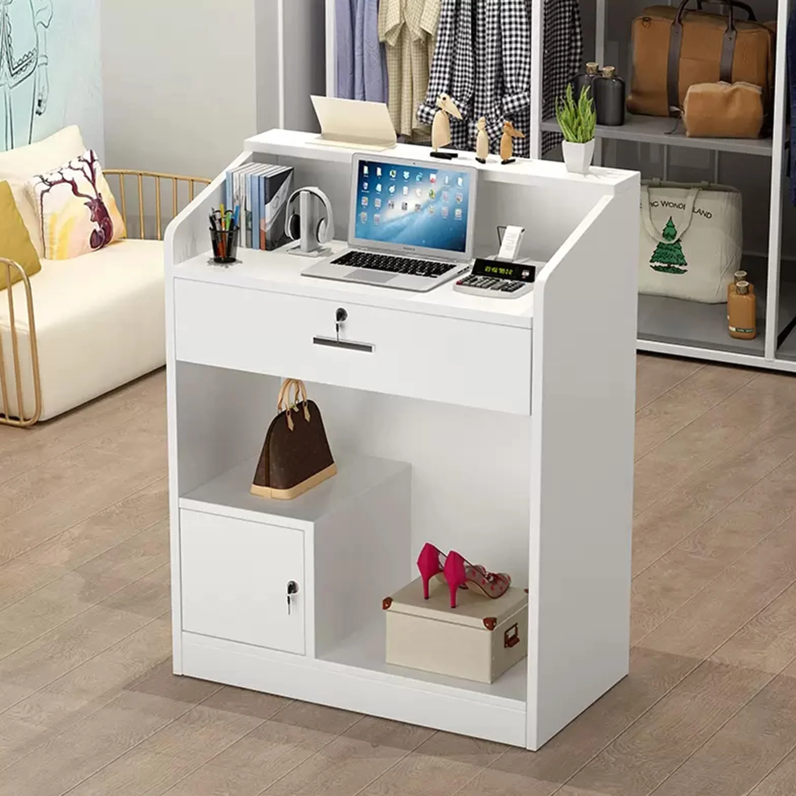 Banco reception con cassetti, reception tavolo bancone, Bancone vendita, per ufficio, sale aziendali, hotel, negozi di abbigliamento, pasticcerie, frutterie, bianco, MDF 60x40x92cm