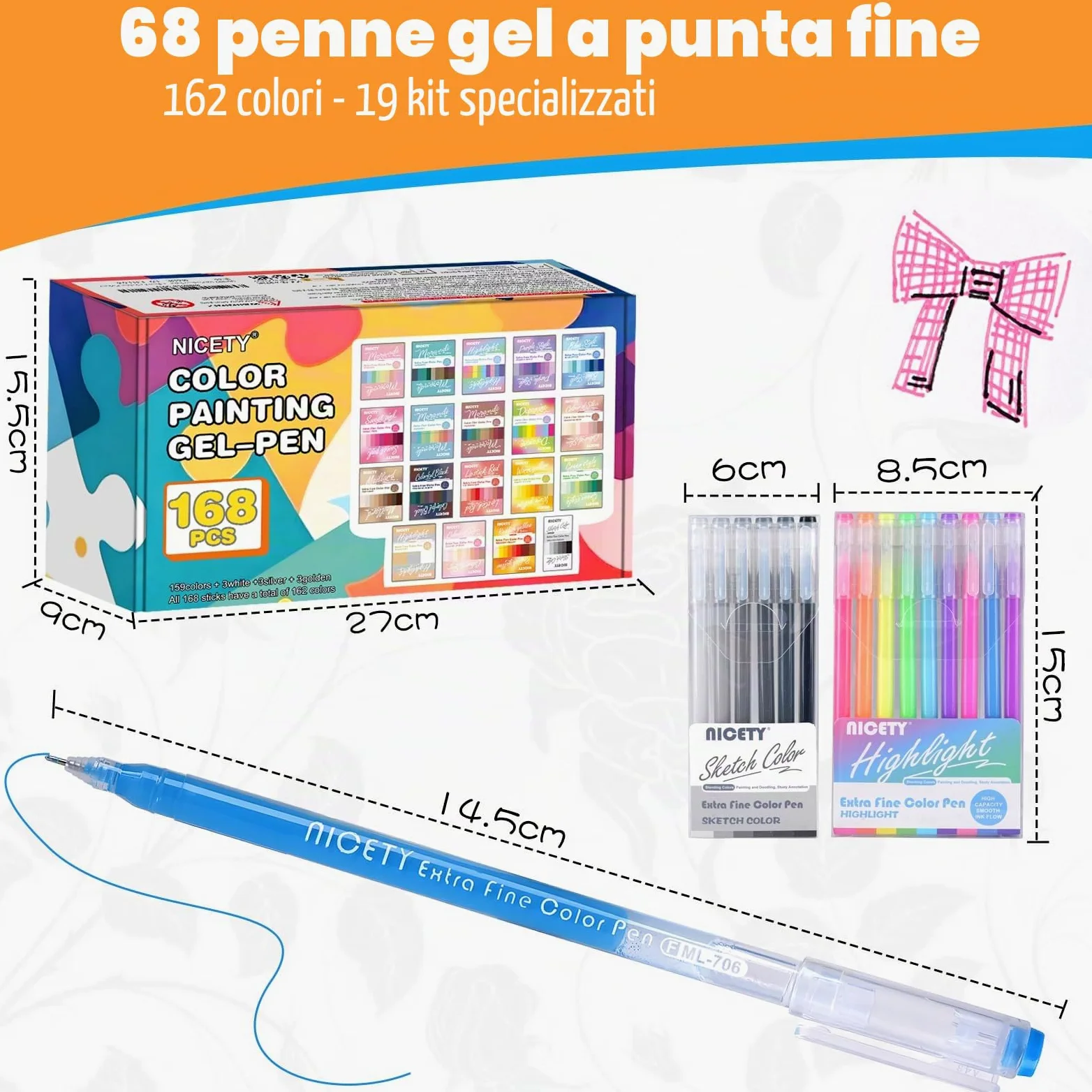 NICETY 168 Colori Gel Penne a Sfera Neutre, Alta Capacità, 0,5 mm, Trasparente, per Artisti e Studenti, Disegno, Pittura, Rientro Scuola, Regali