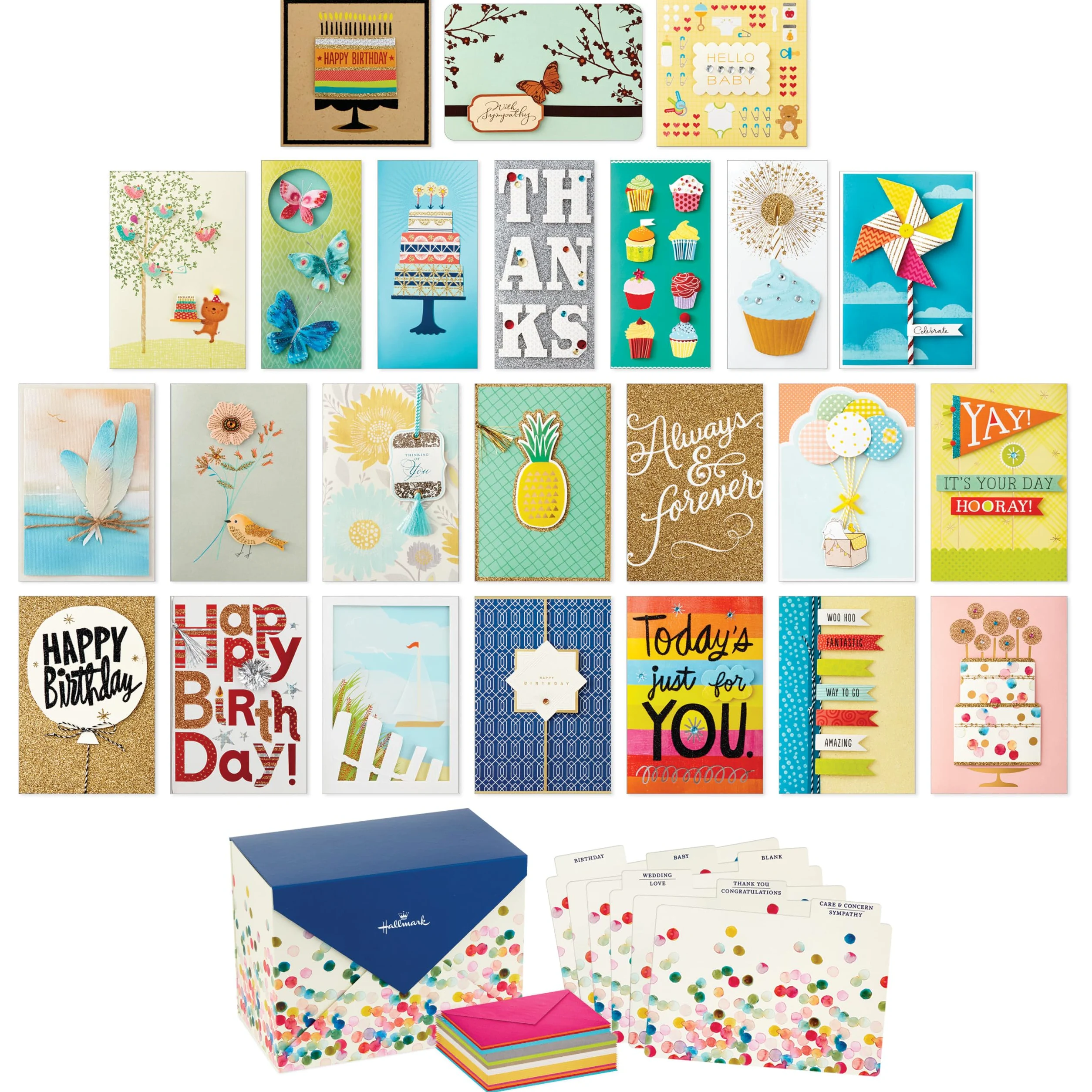 Hallmark - Set di biglietti di auguri assortiti per tutte le occasioni con organizer per biglietti (confezione da 24) – compleanno, bambino, matrimonio, simpatia, pensiero di te, grazie, in bianco