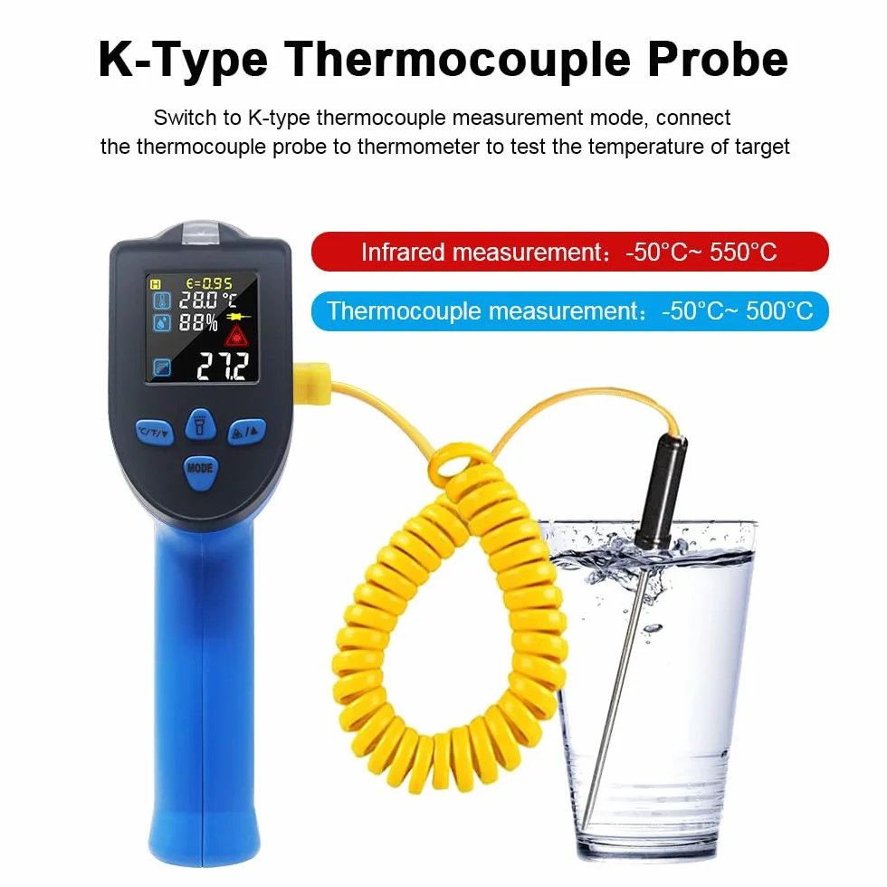 KETOTEK Digitale Termometro a Infrarossi Pistola Laser Doppio Senza Contatto -50~550℃ con K Termocoppia Umidità NCV Rilevamento Tensione CA
