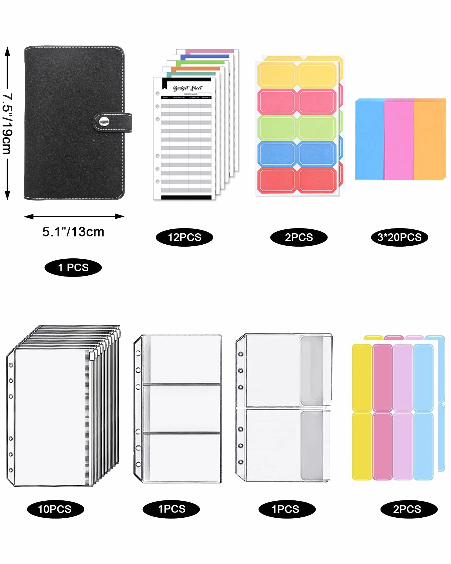 JEJA Agenda A6 con Buste Porta Soldi, Raccoglitore bilancio con Foglio Spese, Buste Trasparenti a Cerniera, Etichette Colorate (Nero)