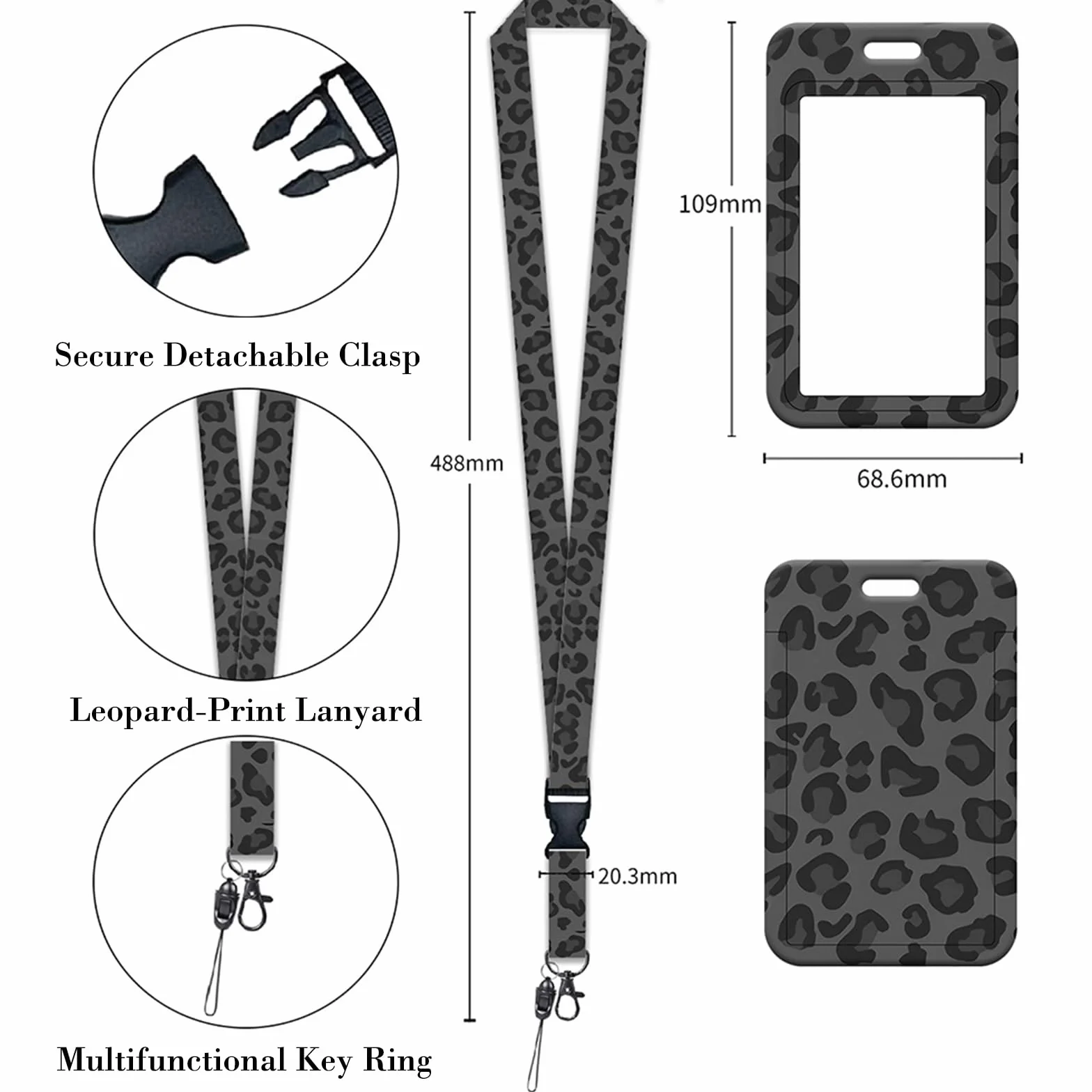 Porta Badge Retrattile Leopardato con Clip e Cordino Staccabile, Badge Holder per Impiegati, Medici, Infermieri, Insegnanti, Grigio